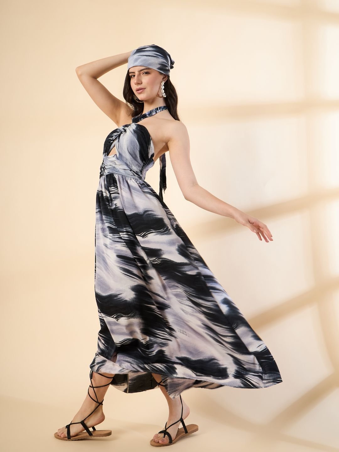 KIARABEL Marble Print Halter Neck Maxi Dress with Head Bandana (BLACK) image 5