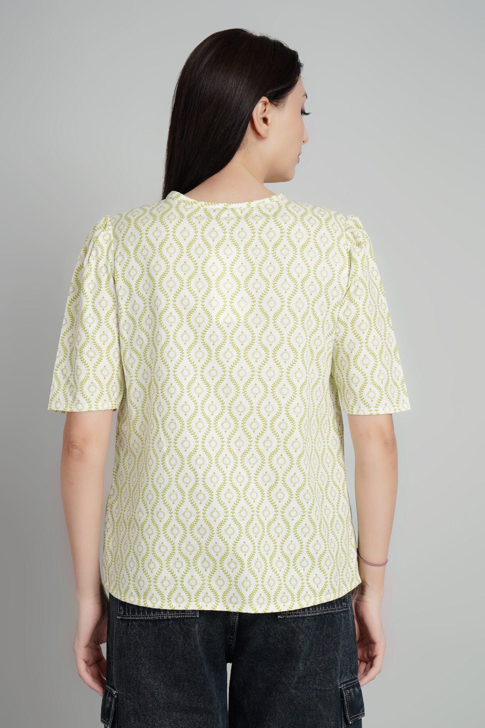 KIARABEL Stylish Cream & Green Printed Top image 2