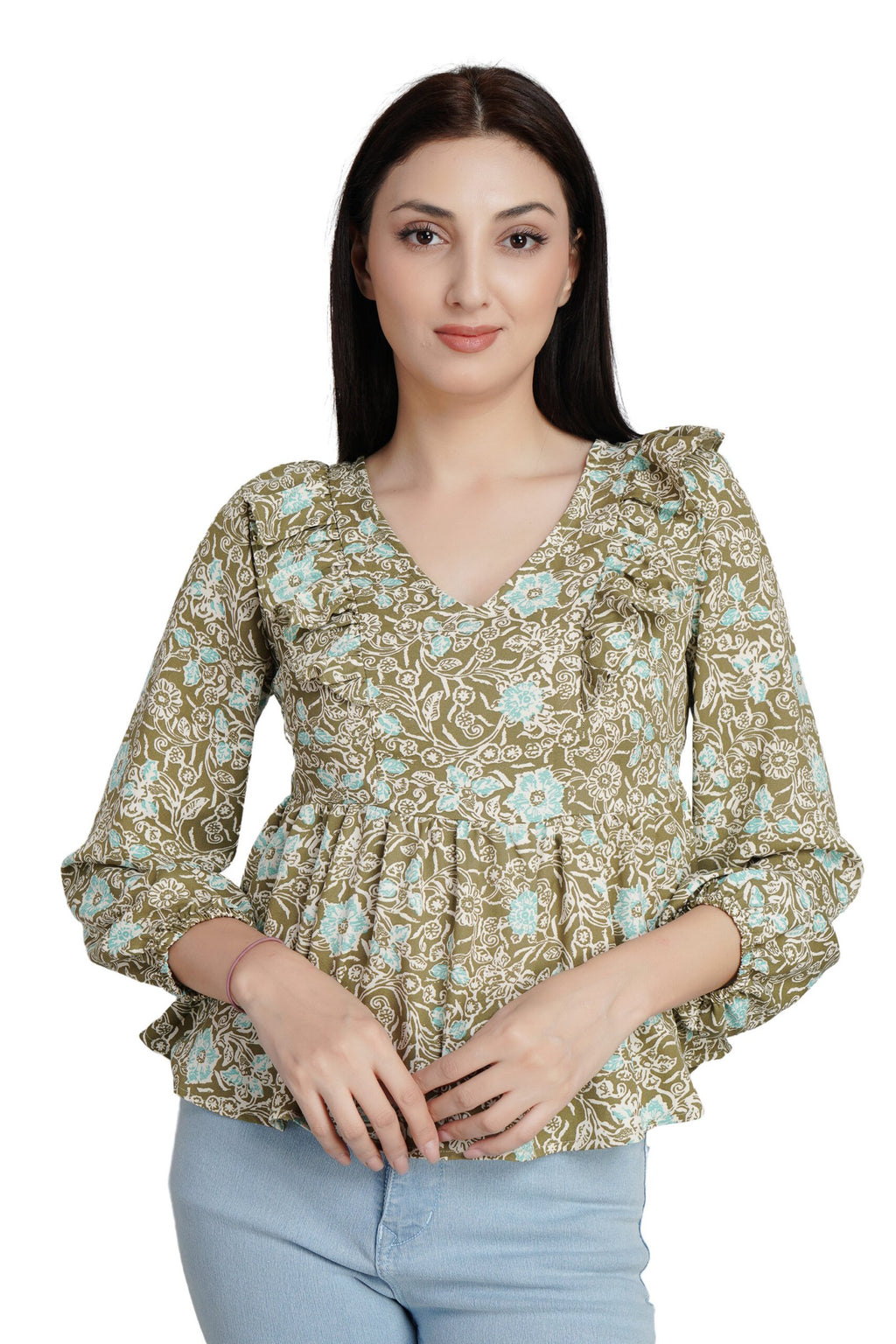 KIARABEL Flared Sleeve Printed Top Brown Floral image 0