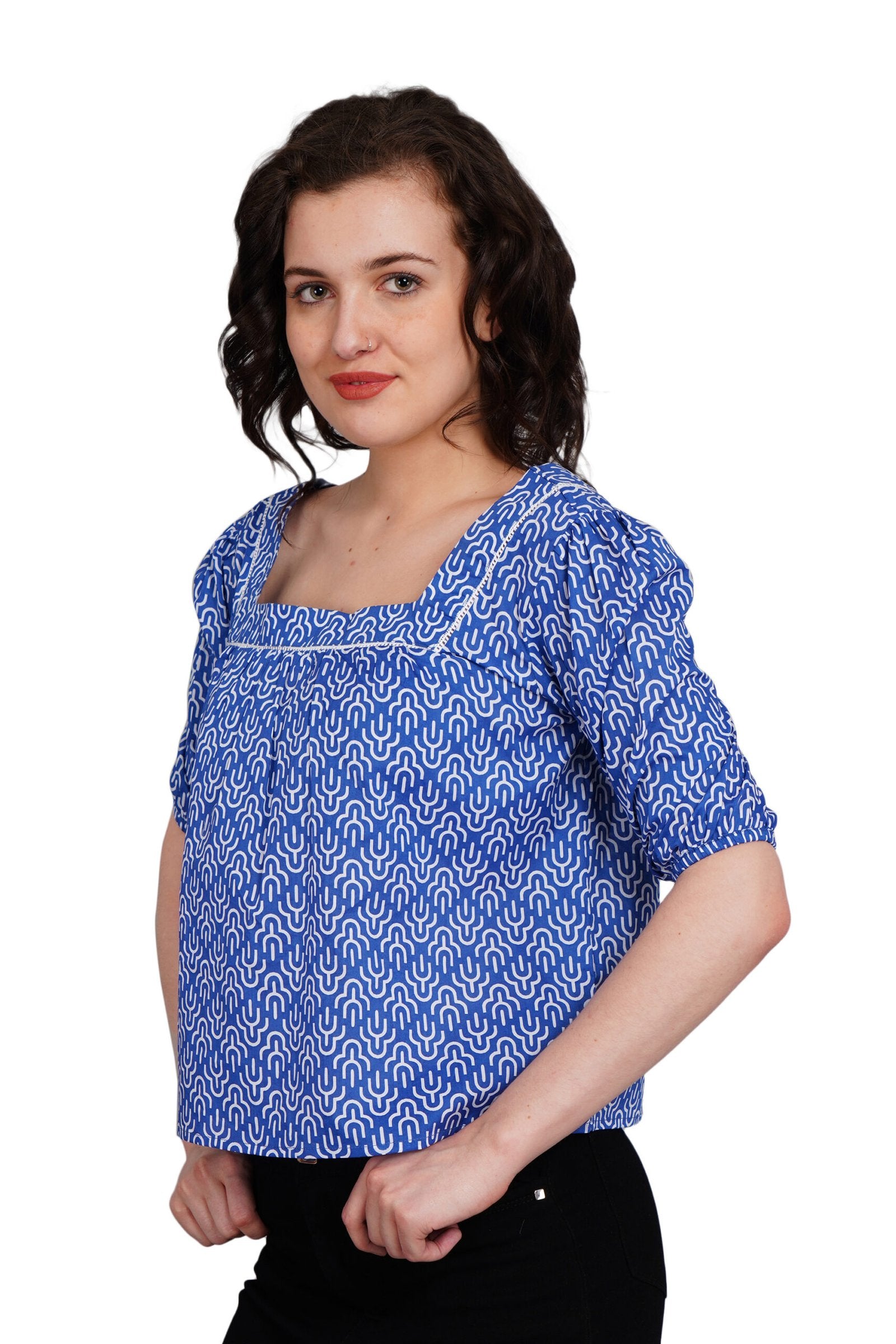 KIARABEL Cambric Cotton Blue Printed Top image 1