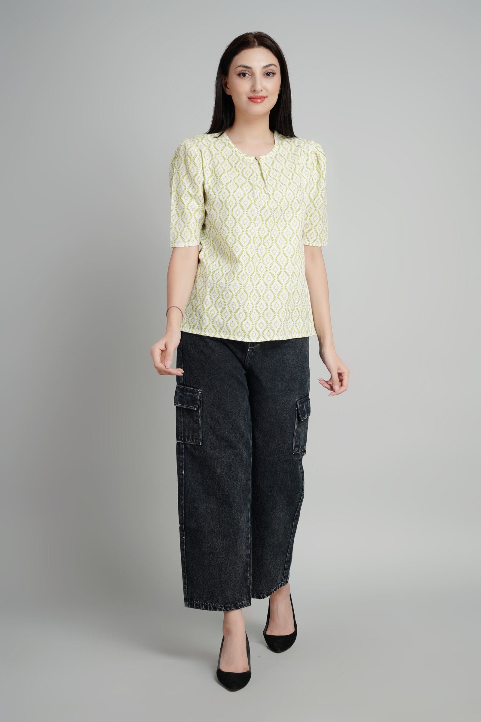 KIARABEL Stylish Cream & Green Printed Top image 6