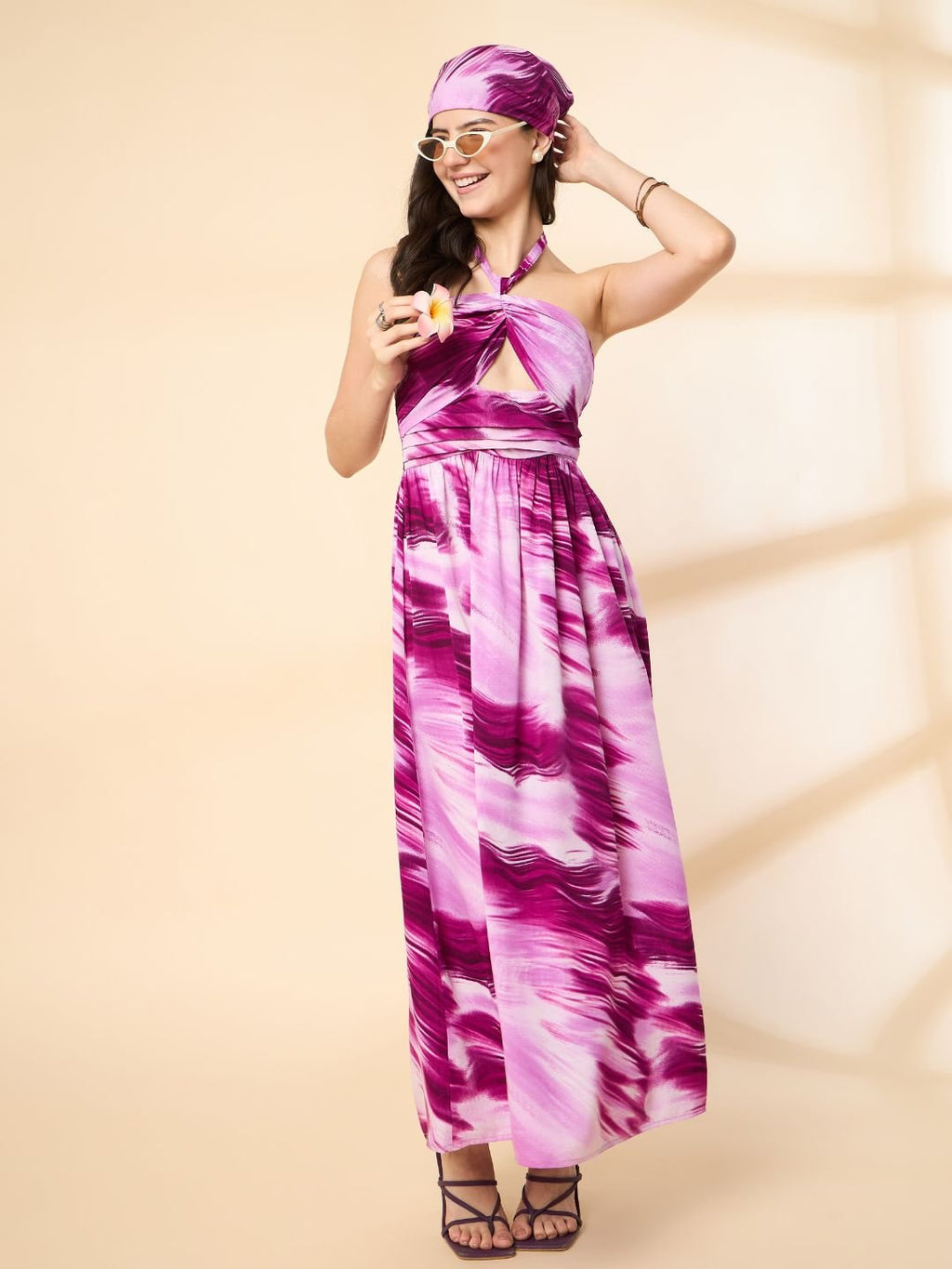 KIARABEL Marble Print Halter Neck Maxi Dress with Head Bandana image 2