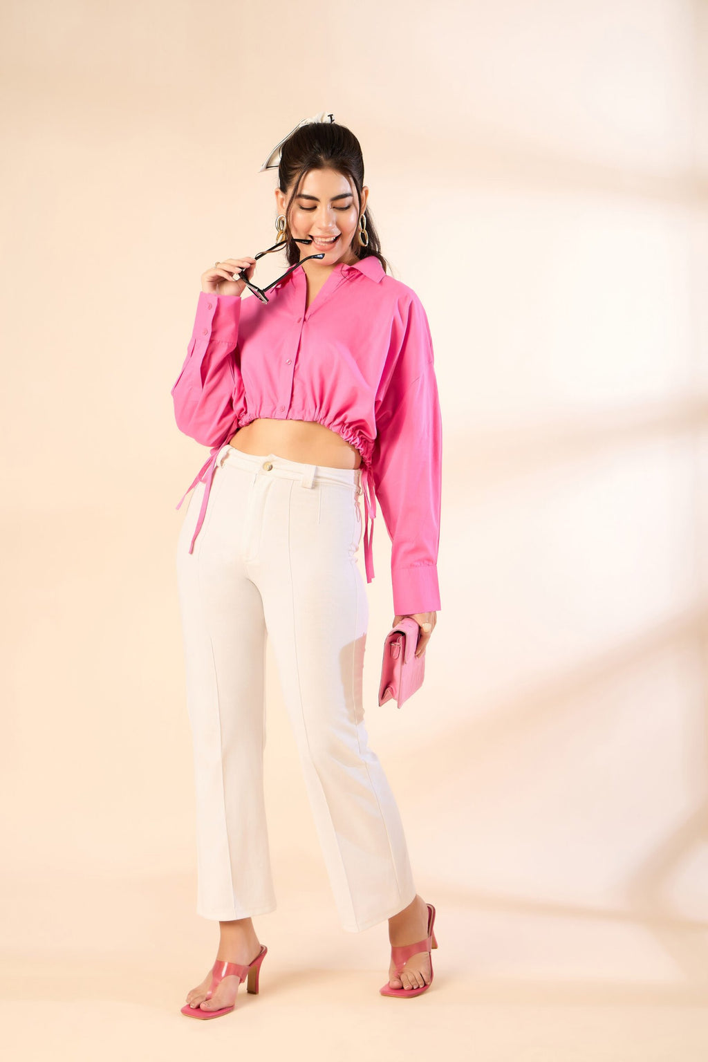 KIARABE Pink Cropped Button-Down Shirt with Drawstring Waist image 5