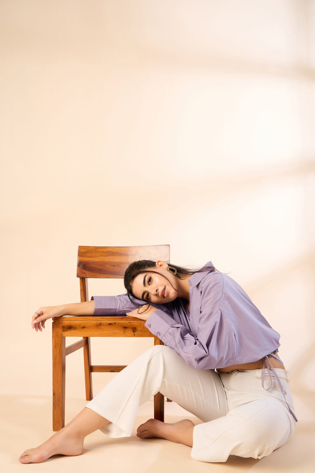 KIARABE Lavender Cropped Button-Down Shirt with Drawstring Waist image 6