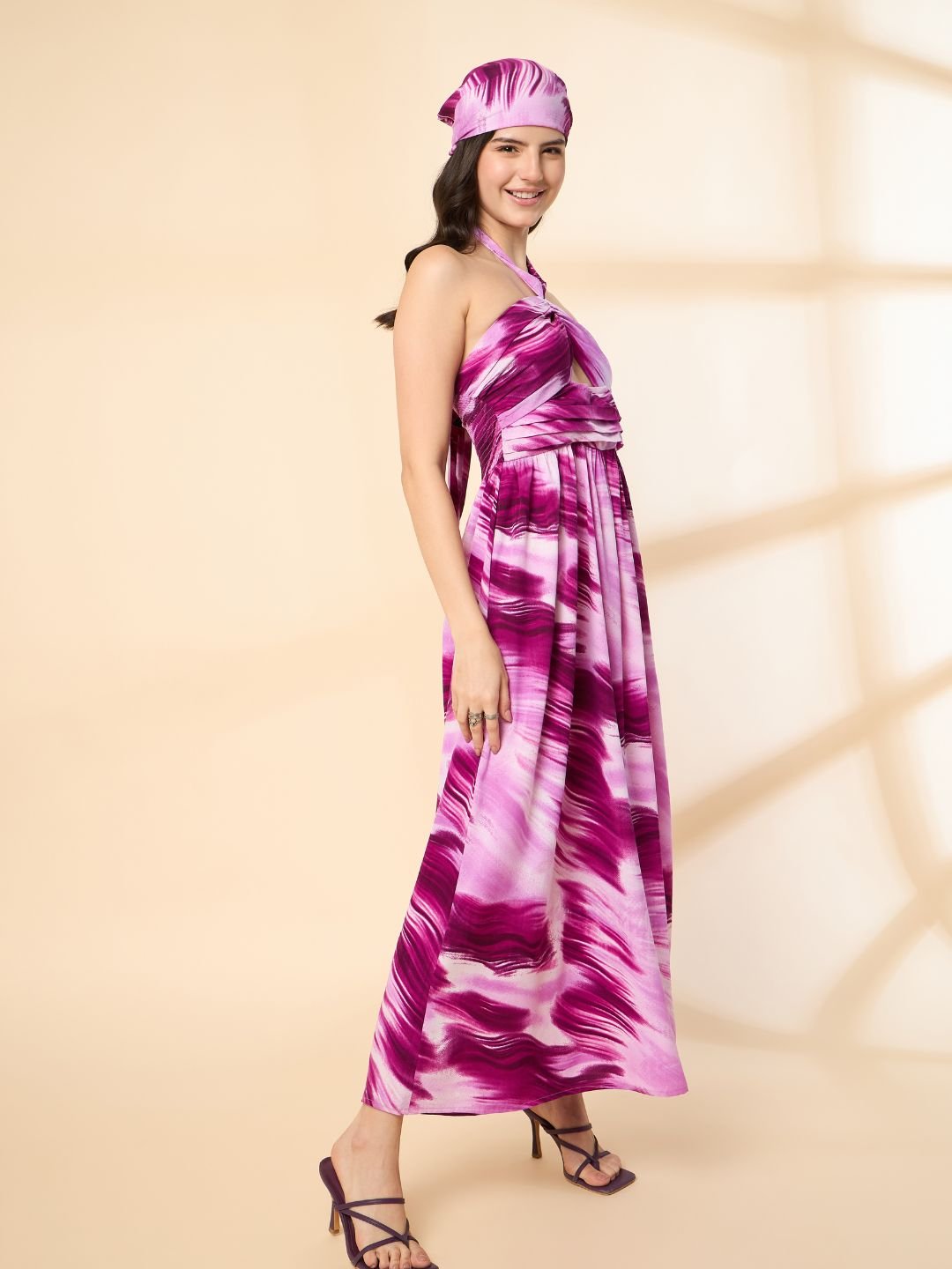 KIARABEL Marble Print Halter Neck Maxi Dress with Head Bandana image 4