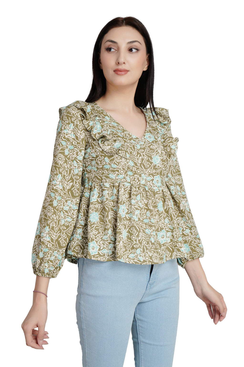 KIARABEL Flared Sleeve Printed Top Brown Floral image 2