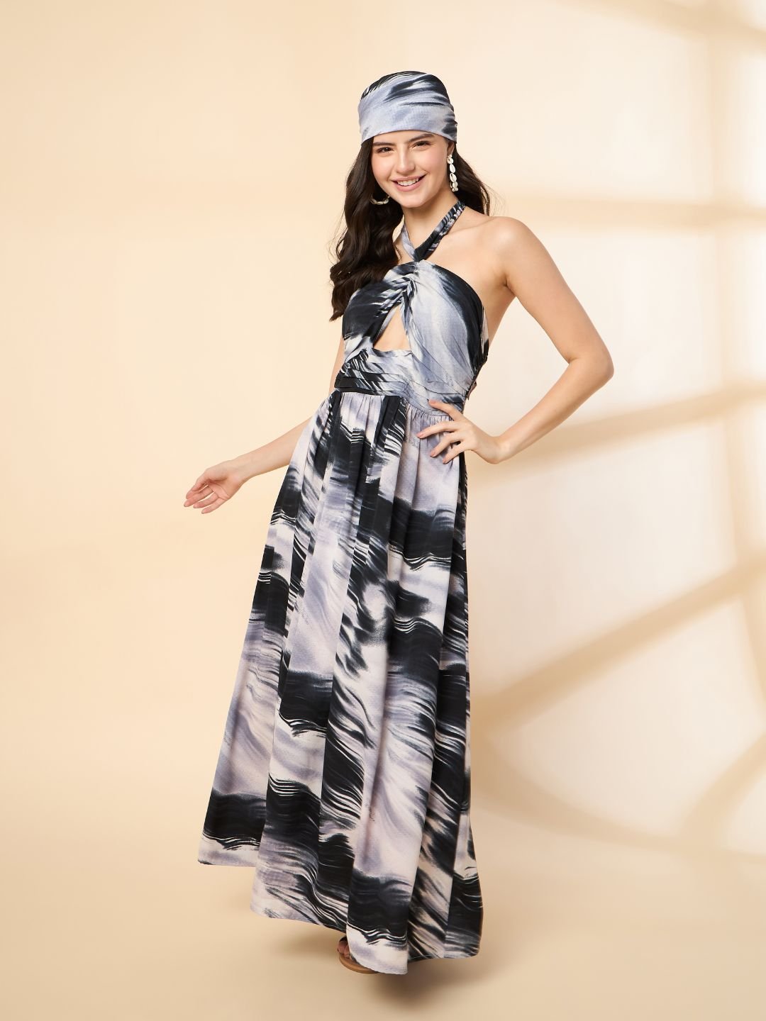 KIARABEL Marble Print Halter Neck Maxi Dress with Head Bandana (BLACK) image 0