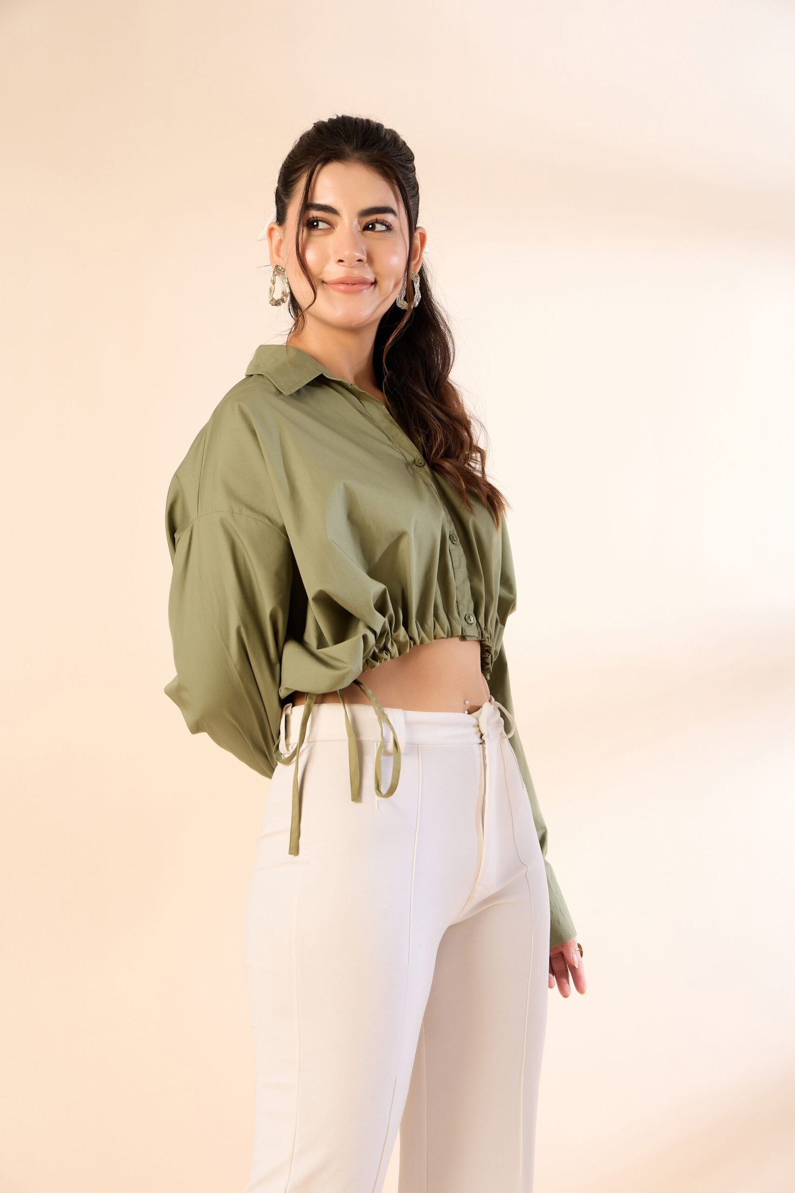 KIARABE Olive Green Button-Down Shirt with Drawstring Waist image 3