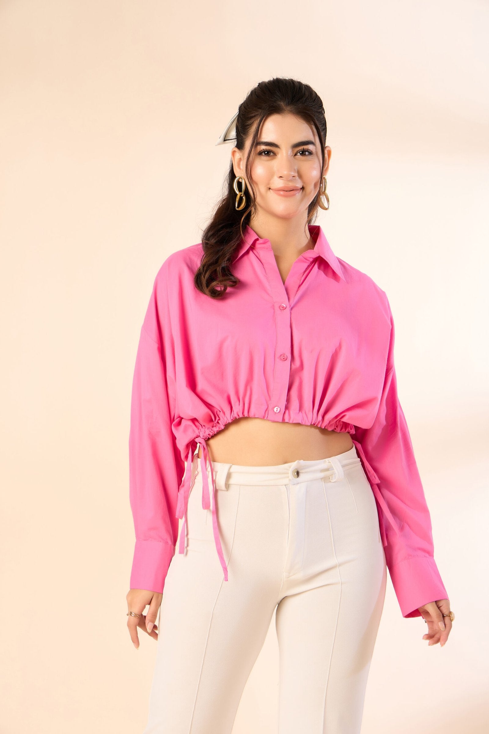KIARABE Pink Cropped Button-Down Shirt with Drawstring Waist - FREE image