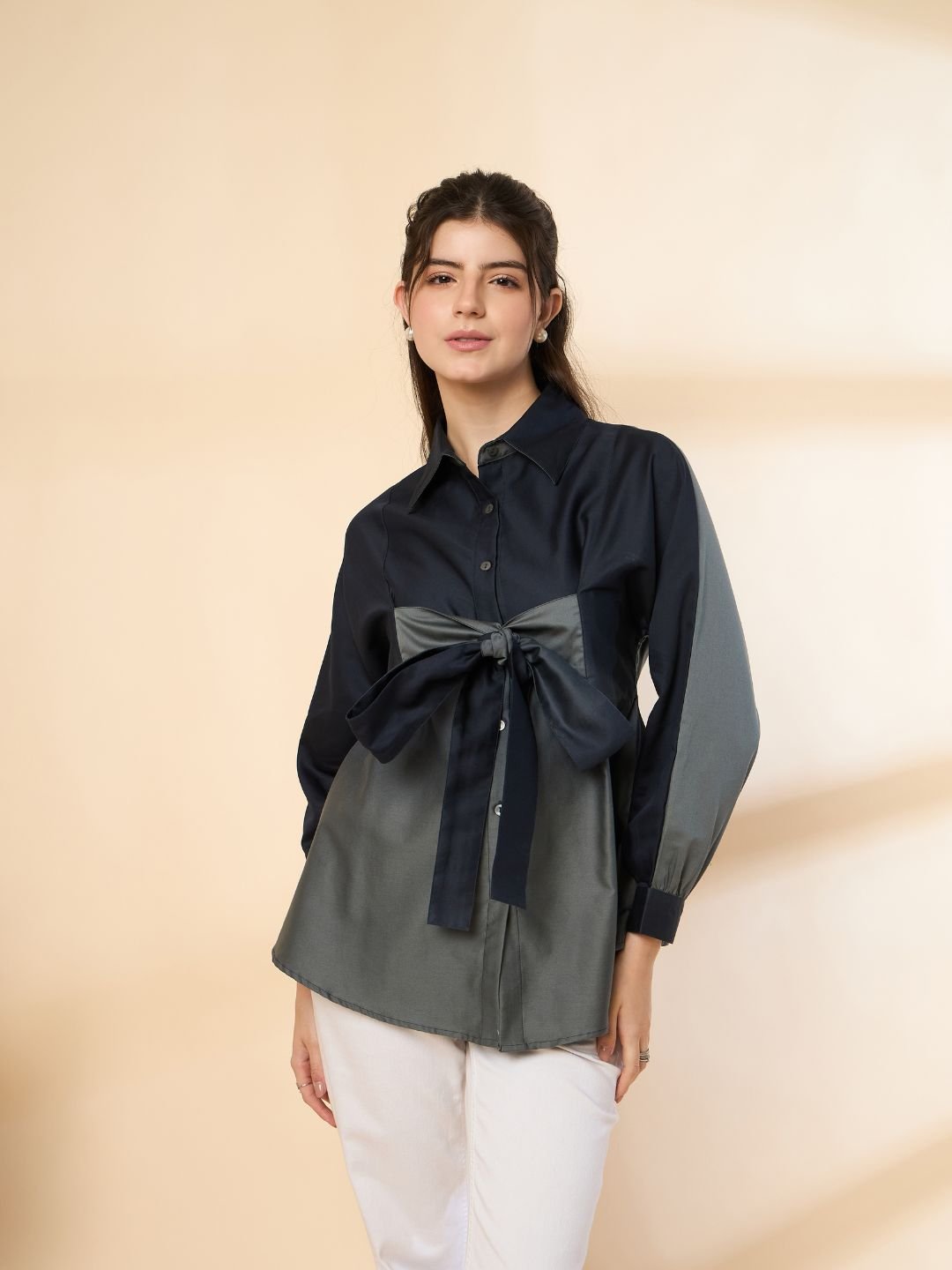 Grey-Blue Ombre Full-Sleeve Shirt with Bow Tie Neck image 0