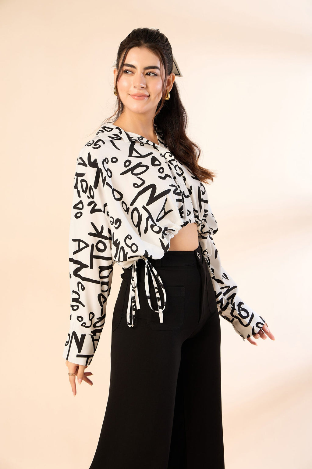 KIARABE White Cropped Button-Down Shirt with Drawstring Waist image 3