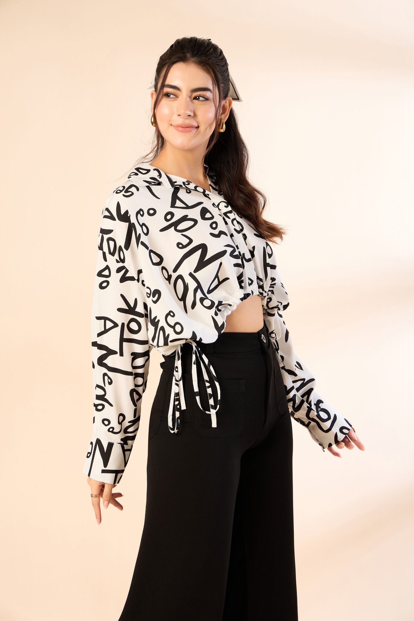 KIARABE White Cropped Button-Down Shirt with Drawstring Waist image 3