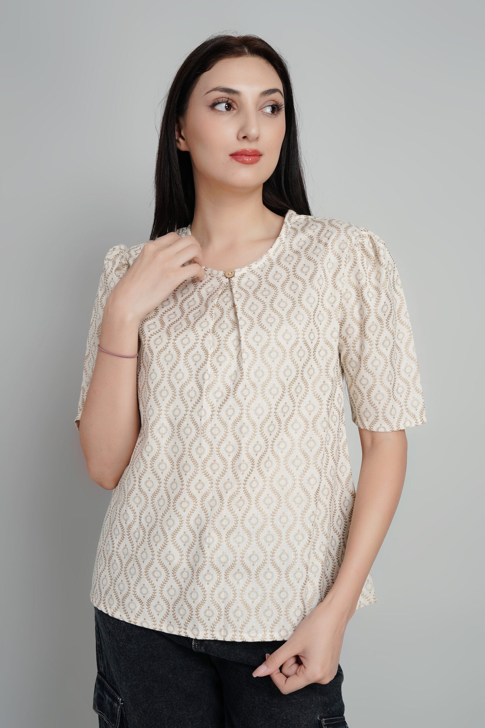 KIARABEL Stylish Cream & Brown Printed Top image 0