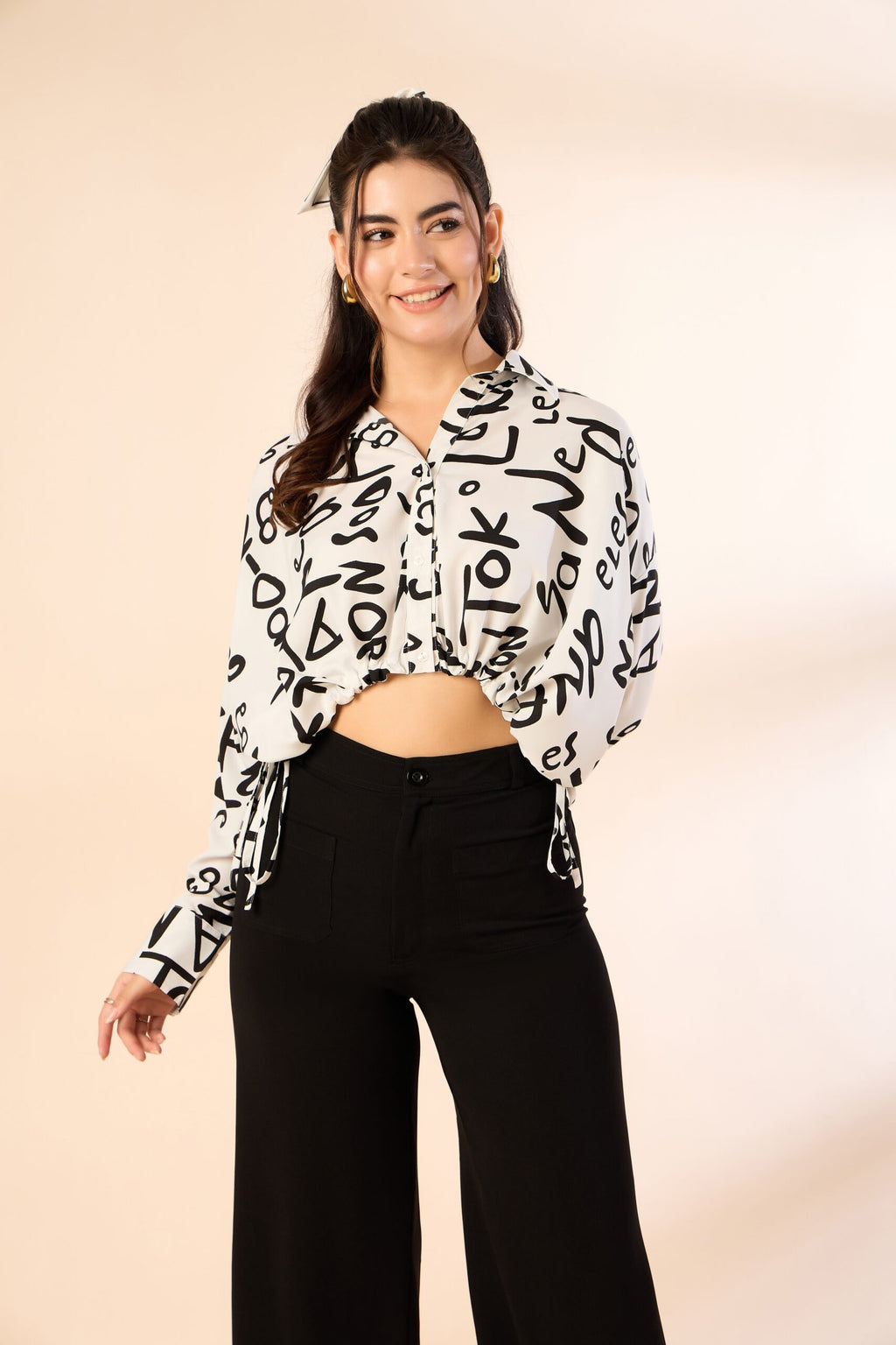 KIARABE White Cropped Button-Down Shirt with Drawstring Waist image 0