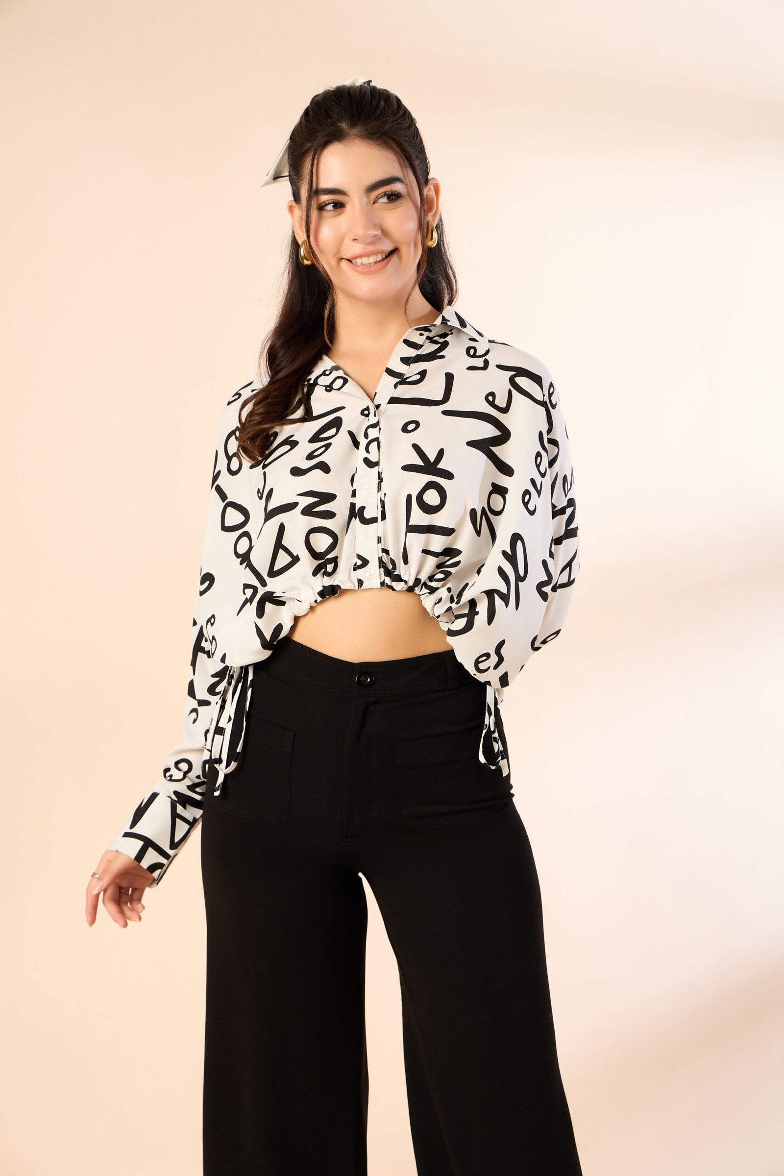 KIARABE White Cropped Button-Down Shirt with Drawstring Waist image 0