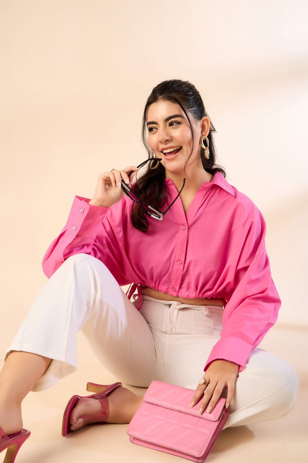 KIARABE Pink Cropped Button-Down Shirt with Drawstring Waist image 4