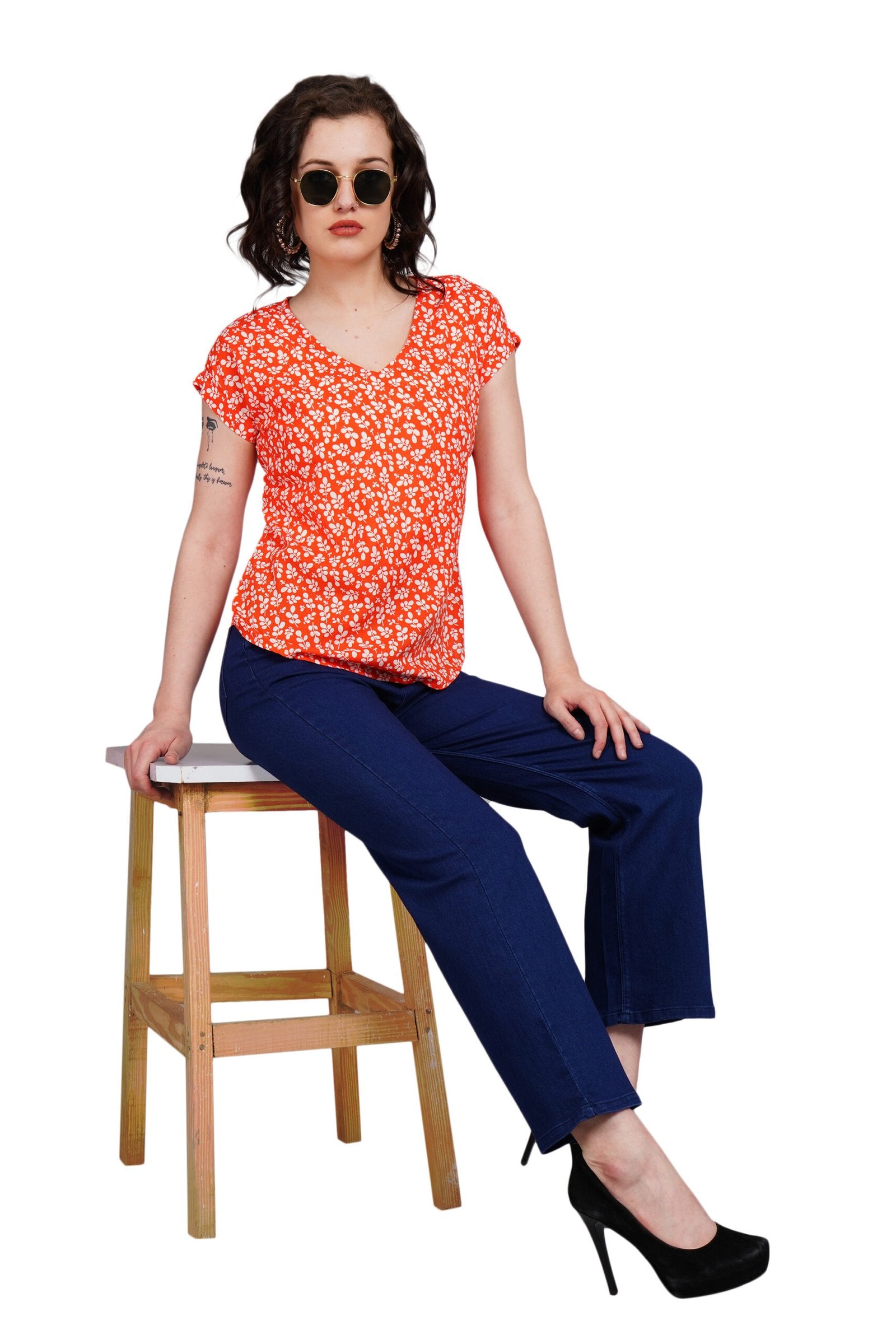 KIARABEL Printed V-Neck Orange Top image 5