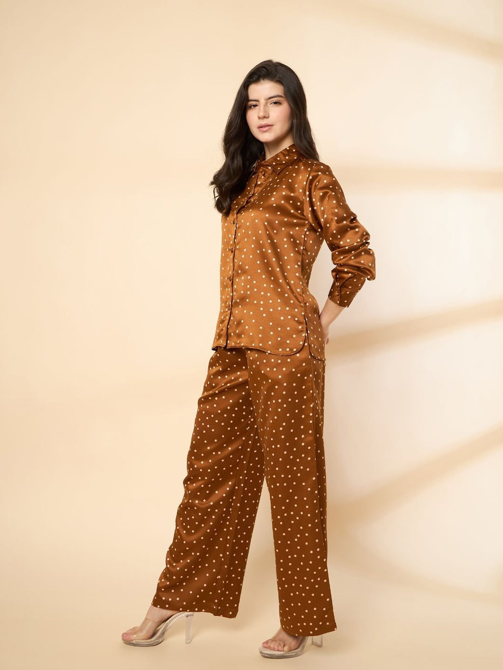 Brown Polka Print Co-ord Set with Stylish Shirt & Matching Trousers image 4