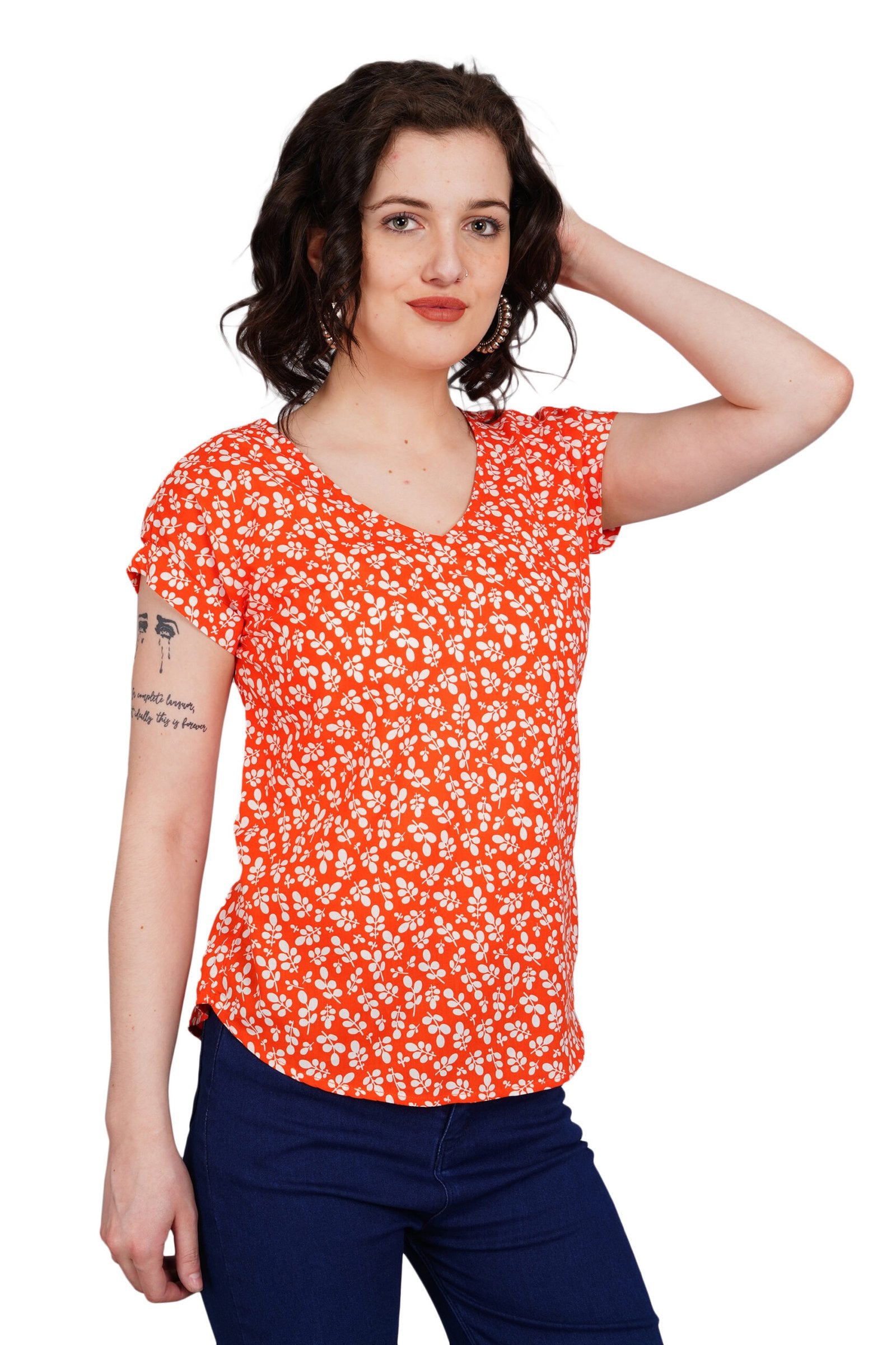 KIARABEL Printed V-Neck Orange Top image 3