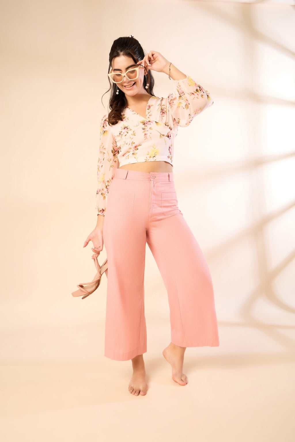 KIARABEL Floral Print Puff Sleeve Crop Top, V-Neck, Baby Pink image 5