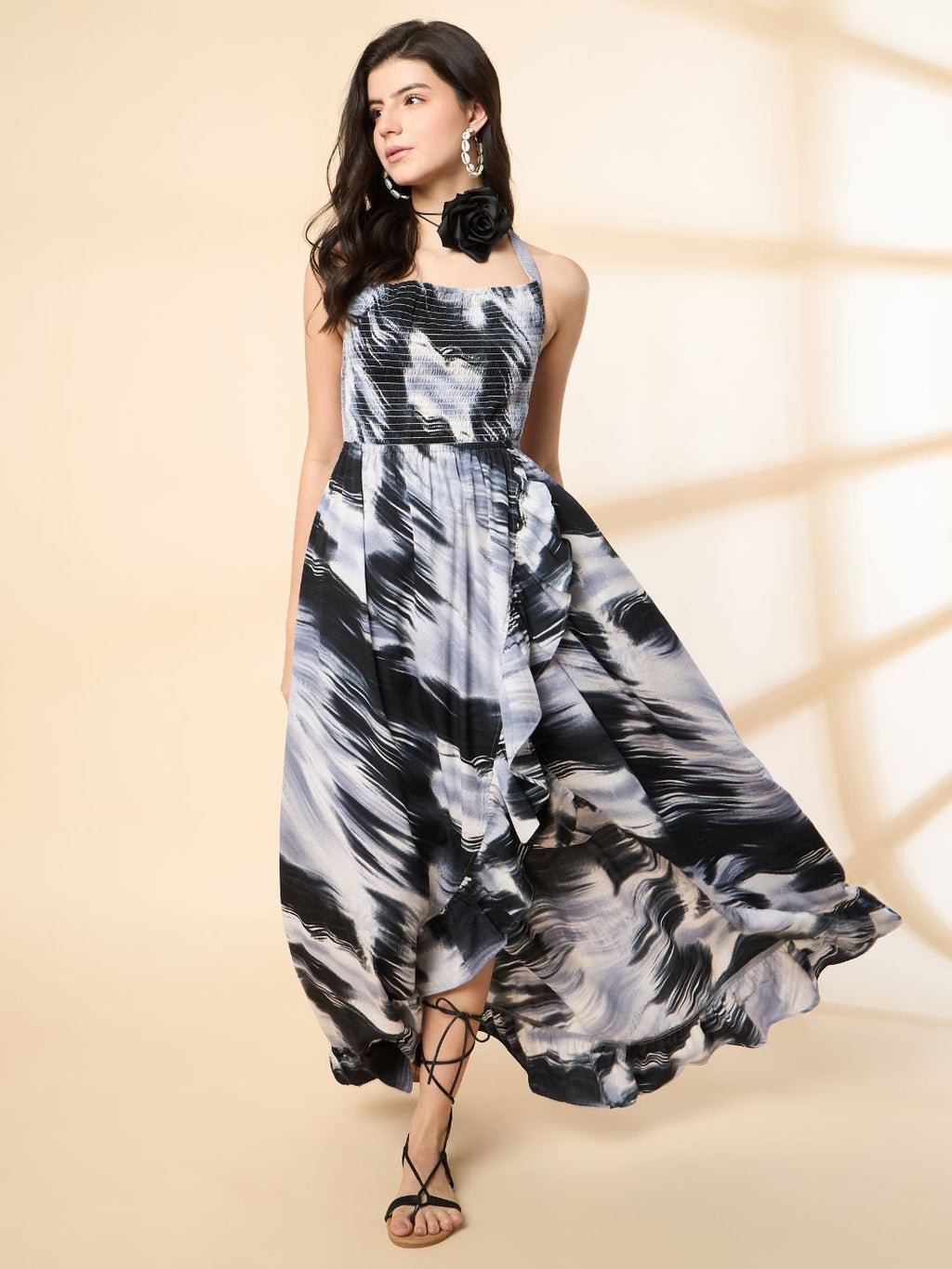 Kiarabel Retail Women Abstract Print Halter Neck A-Line Maxi Dress - L image