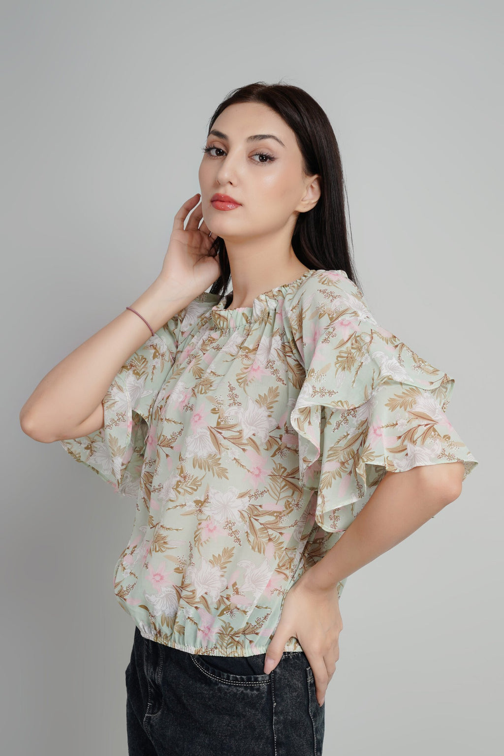 KIARABEL Floral Print Ruffles Georgette Top image 1