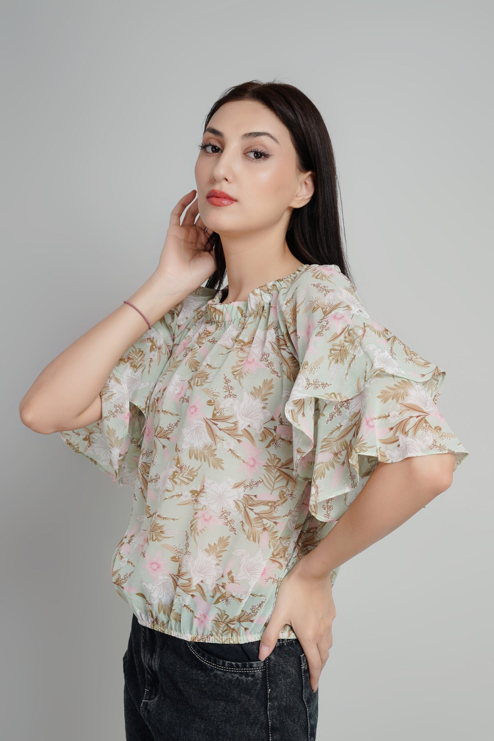 KIARABEL Floral Print Ruffles Georgette Top image 1