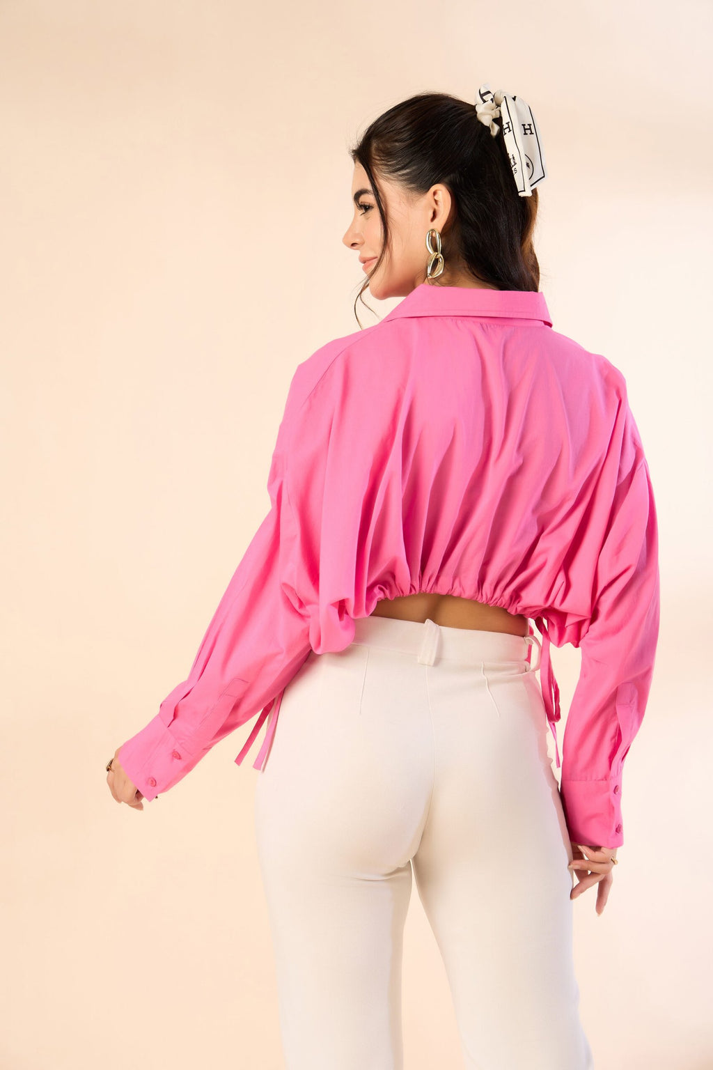 KIARABE Pink Cropped Button-Down Shirt with Drawstring Waist image 1