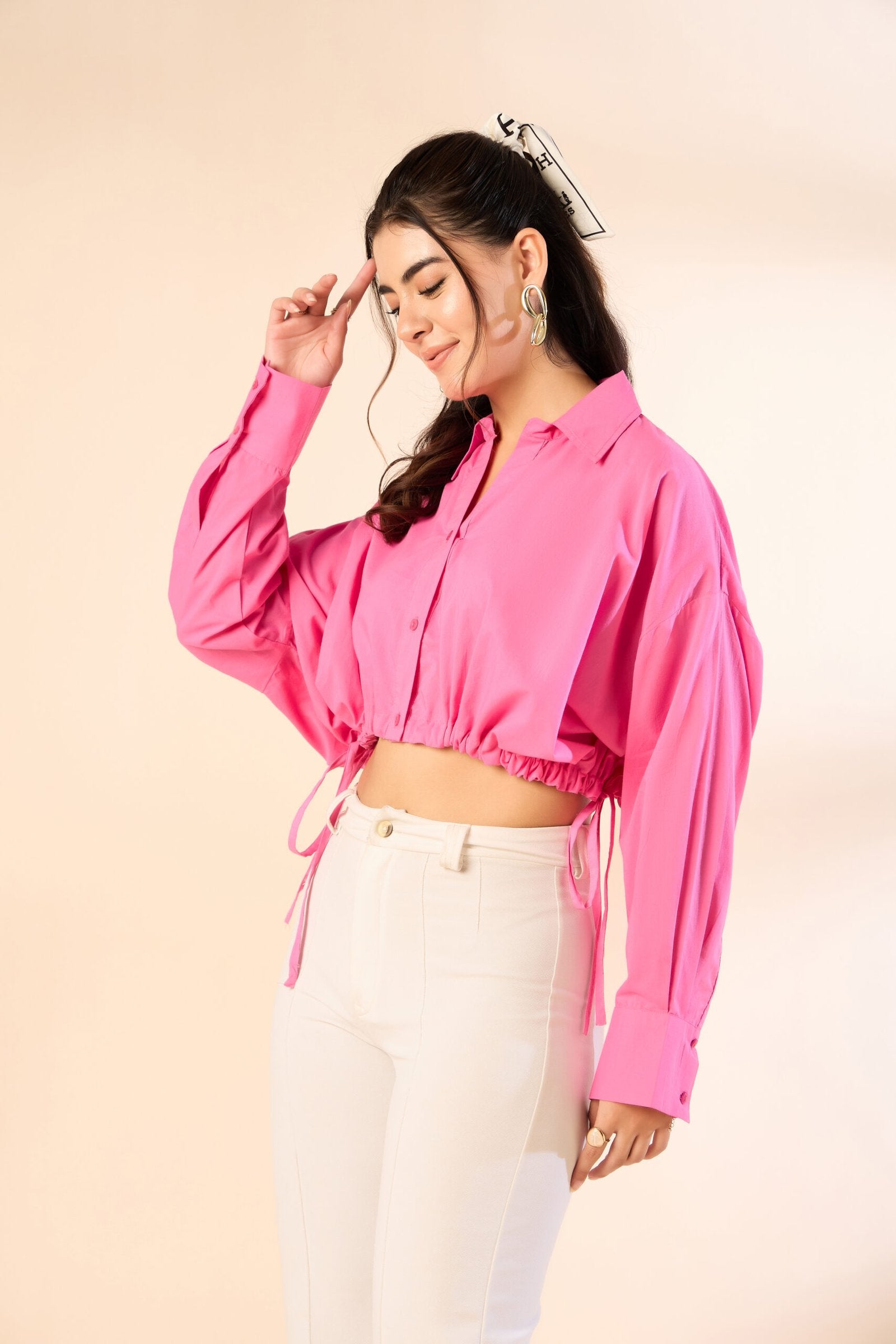 KIARABE Pink Cropped Button-Down Shirt with Drawstring Waist image 2