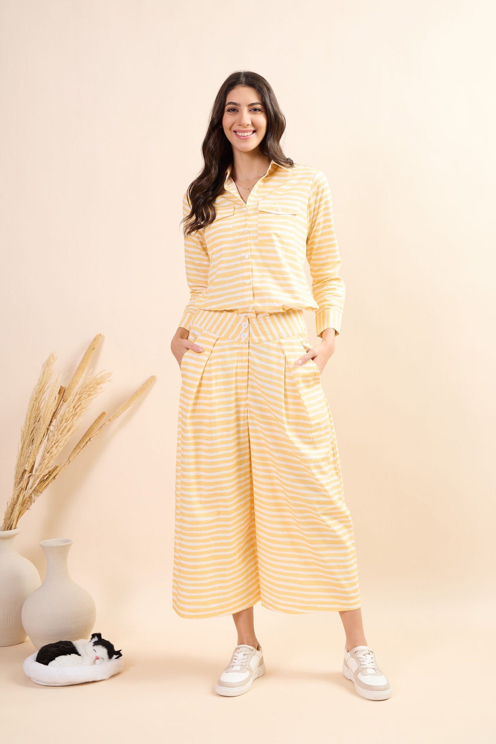 KIARABEL Women's Sunny Stripe Cotton Fabric Styles Co-Ord Set image 0