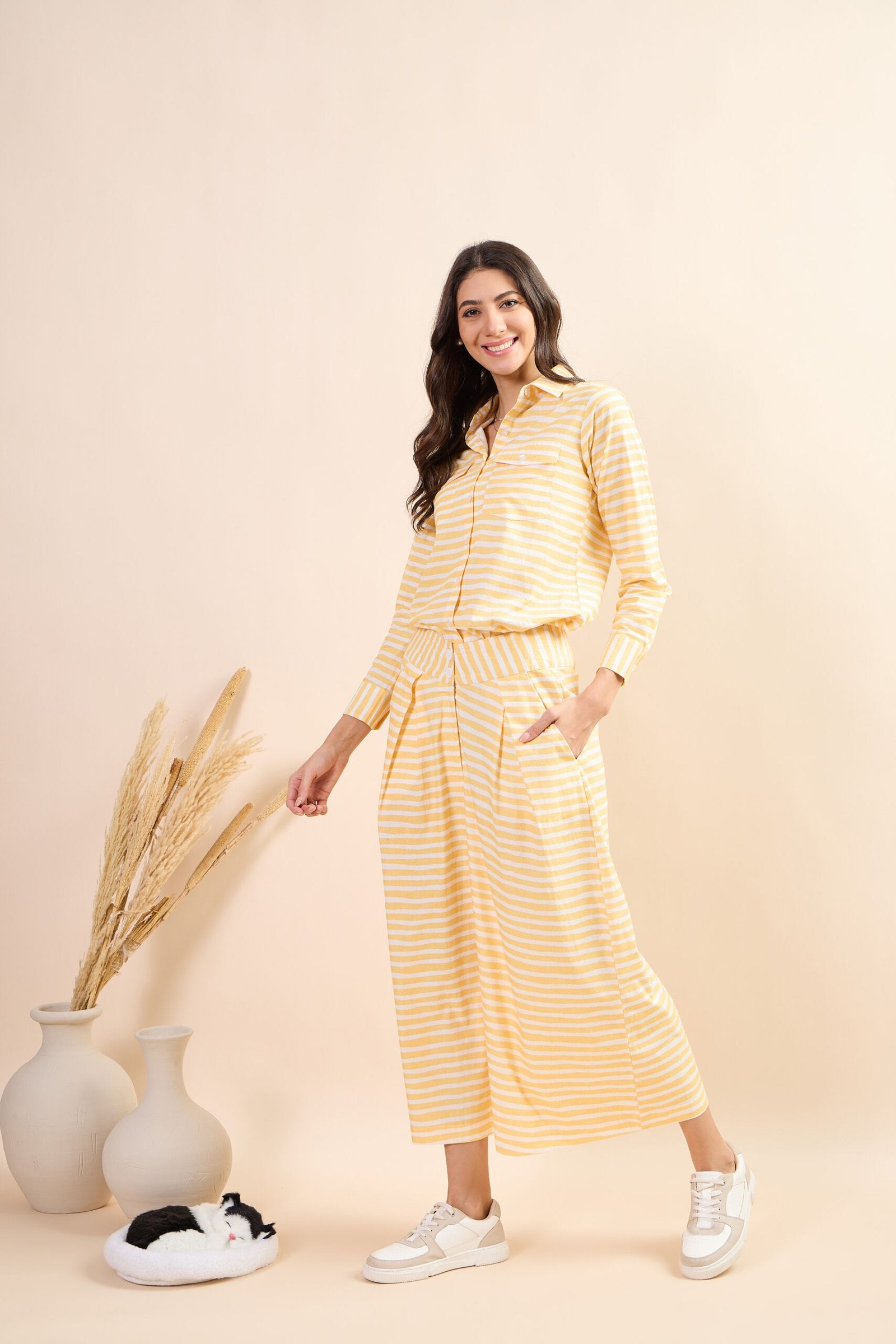 KIARABEL Women's Sunny Stripe Cotton Fabric Styles Co-Ord Set image 4