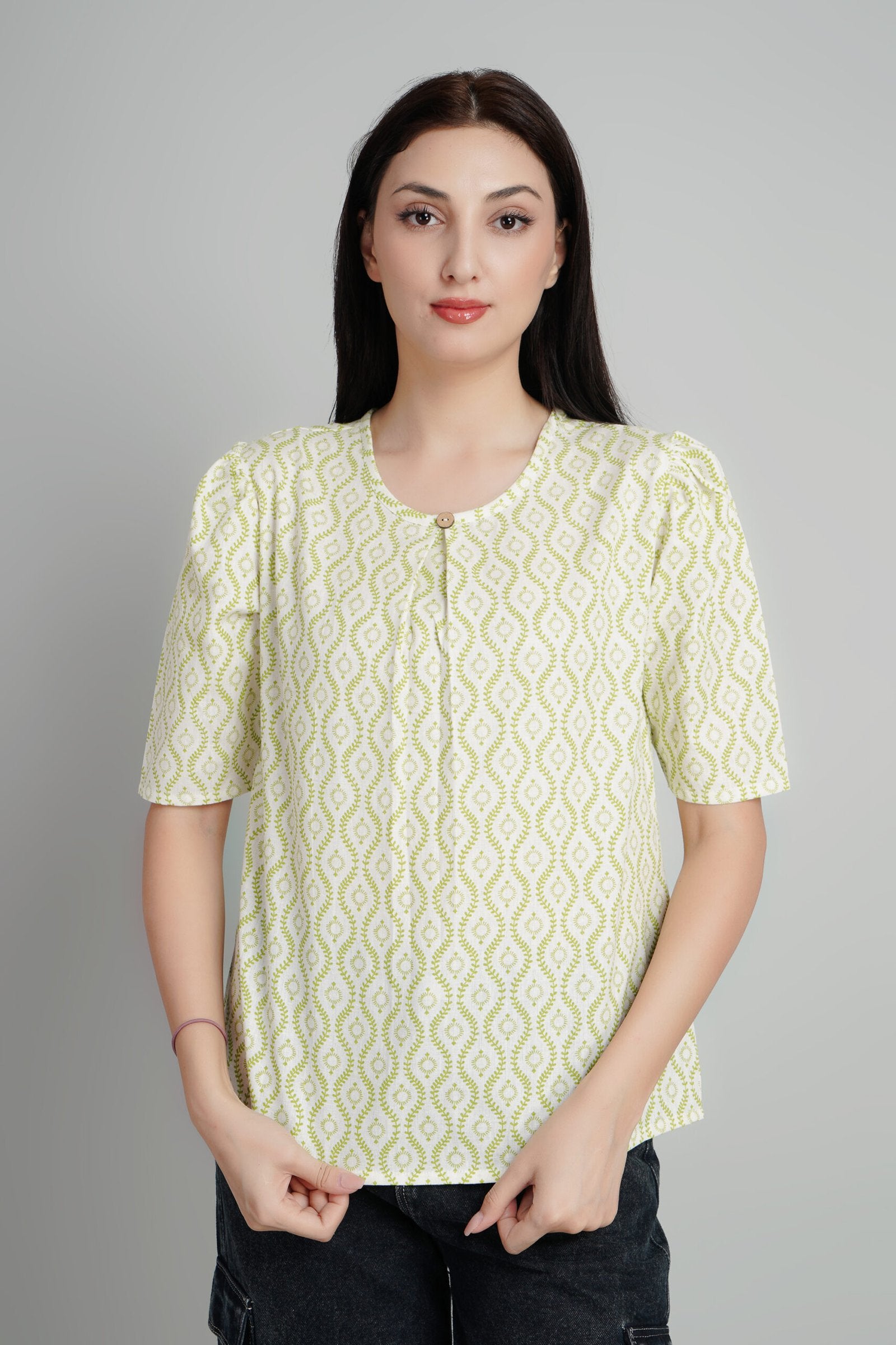 KIARABEL Stylish Cream & Green Printed Top image 1