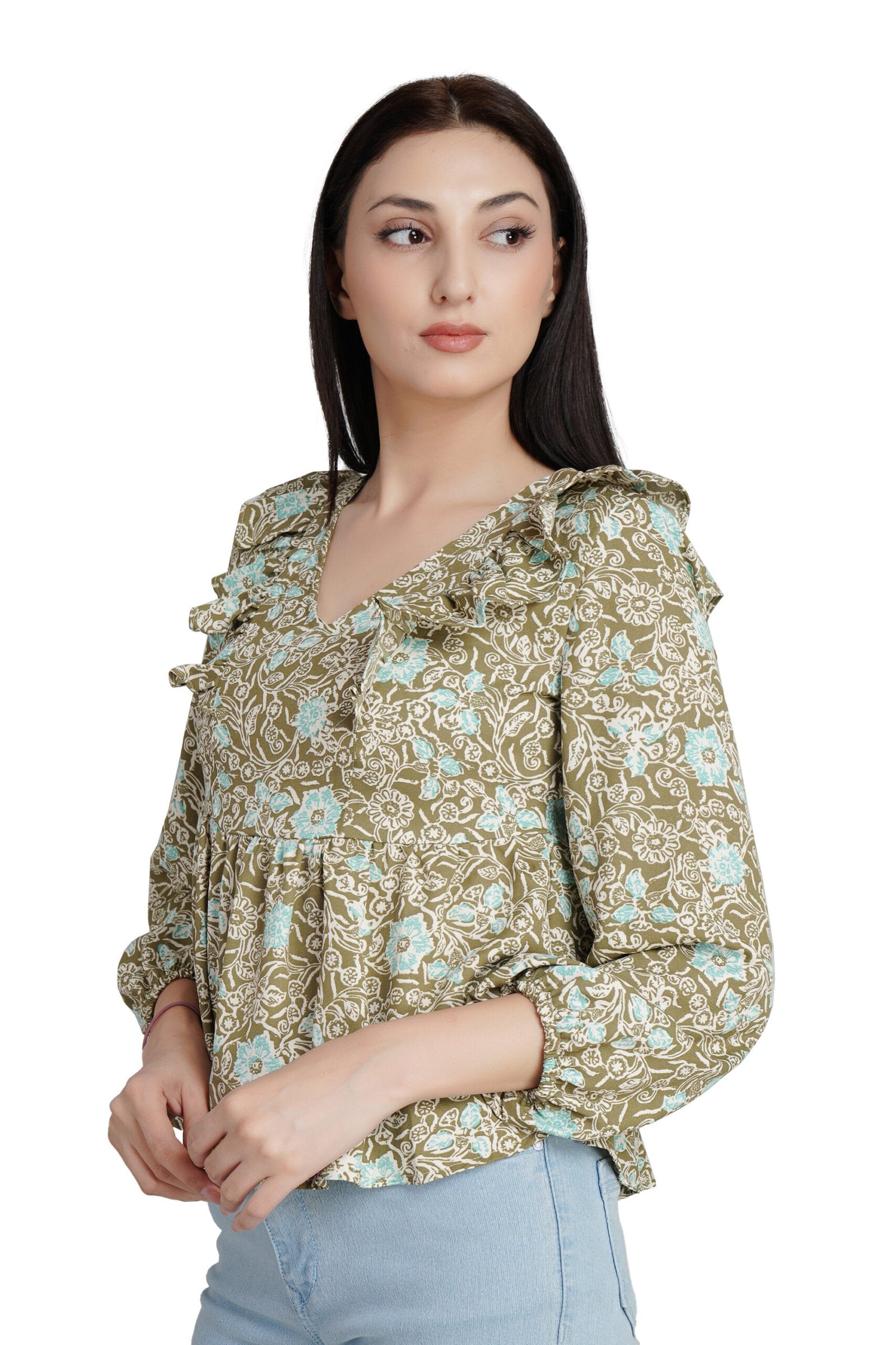 KIARABEL Flared Sleeve Printed Top Brown Floral image 1