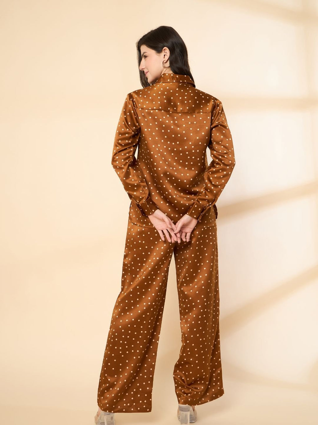 Brown Polka Print Co-ord Set with Stylish Shirt & Matching Trousers image 1