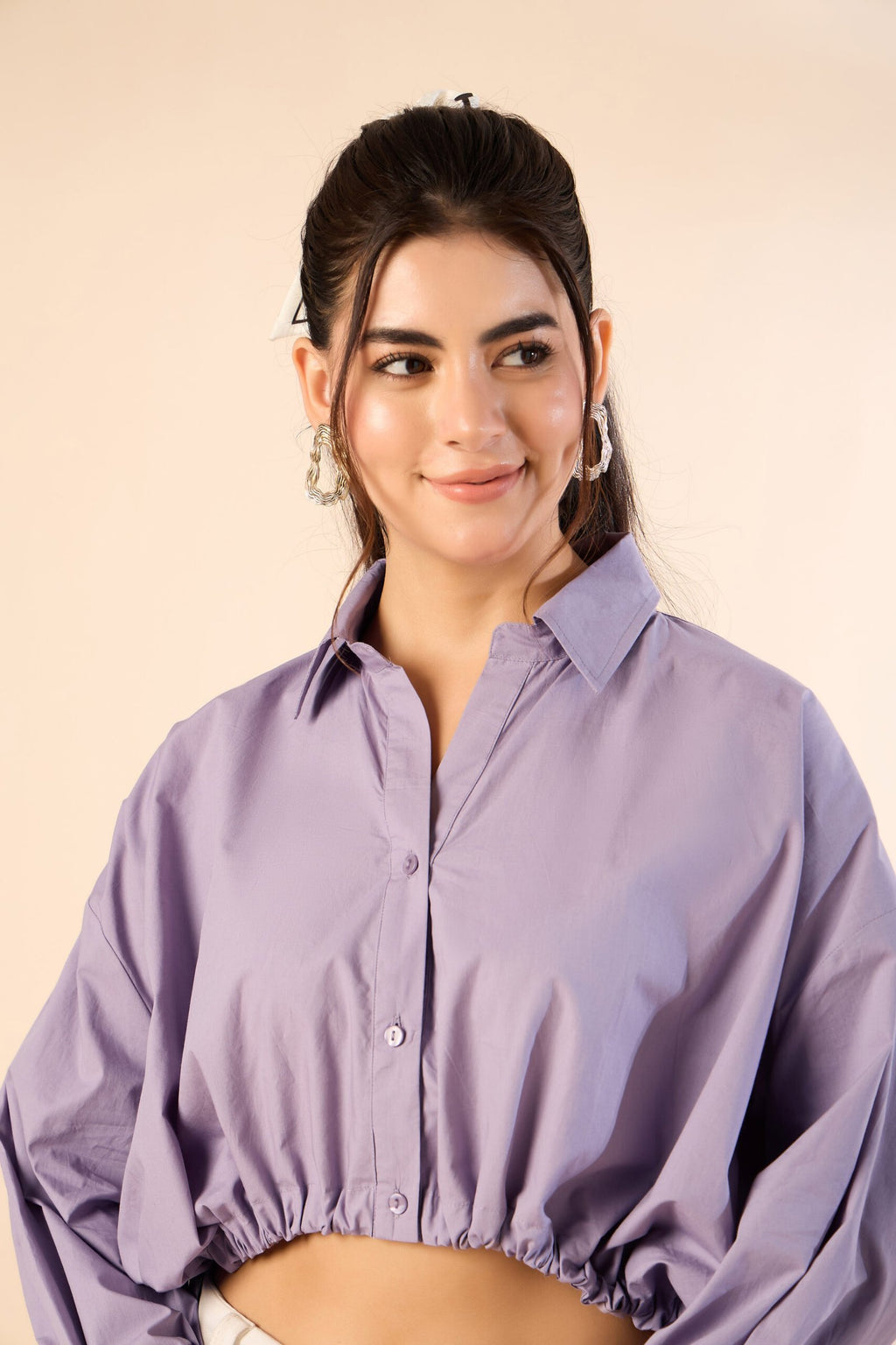 KIARABE Lavender Cropped Button-Down Shirt with Drawstring Waist image 4