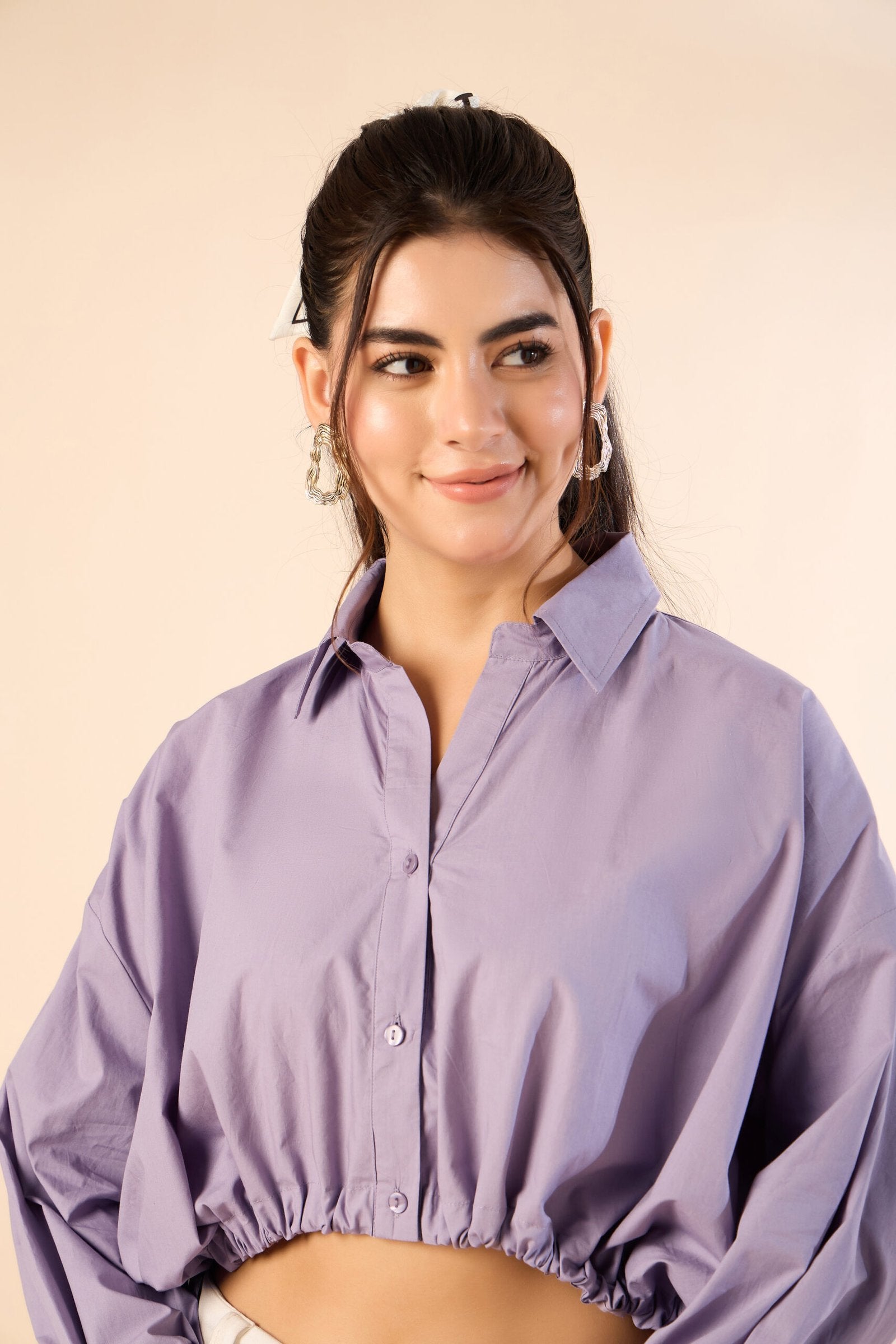 KIARABE Lavender Cropped Button-Down Shirt with Drawstring Waist image 4