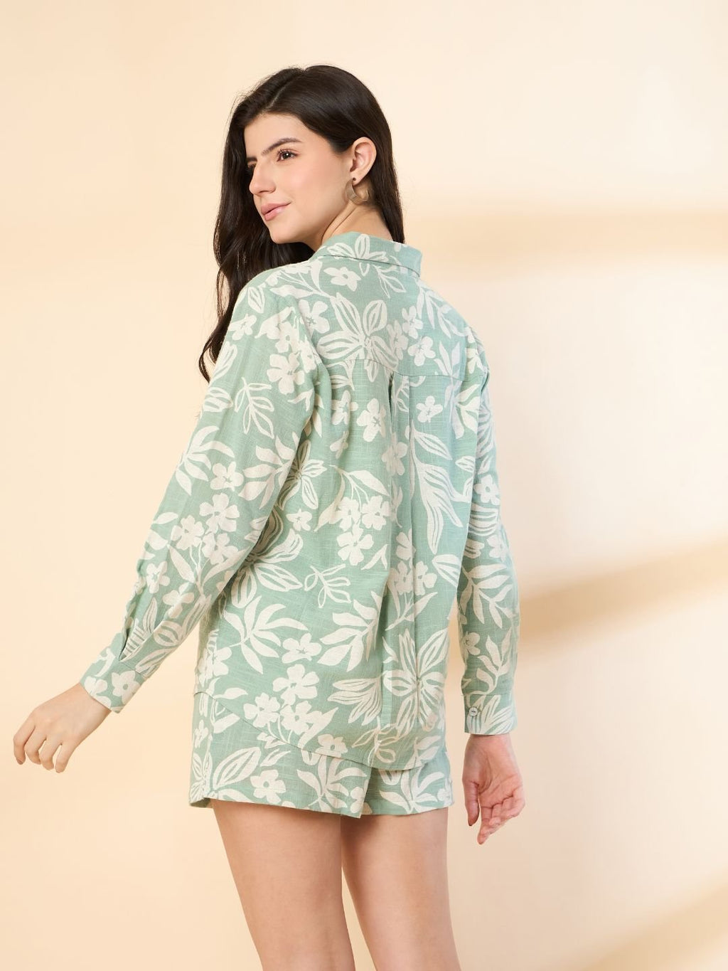 Green & White Printed Co-ord Set with Full Sleeve Shirt & Smart Tailored Shorts image 1