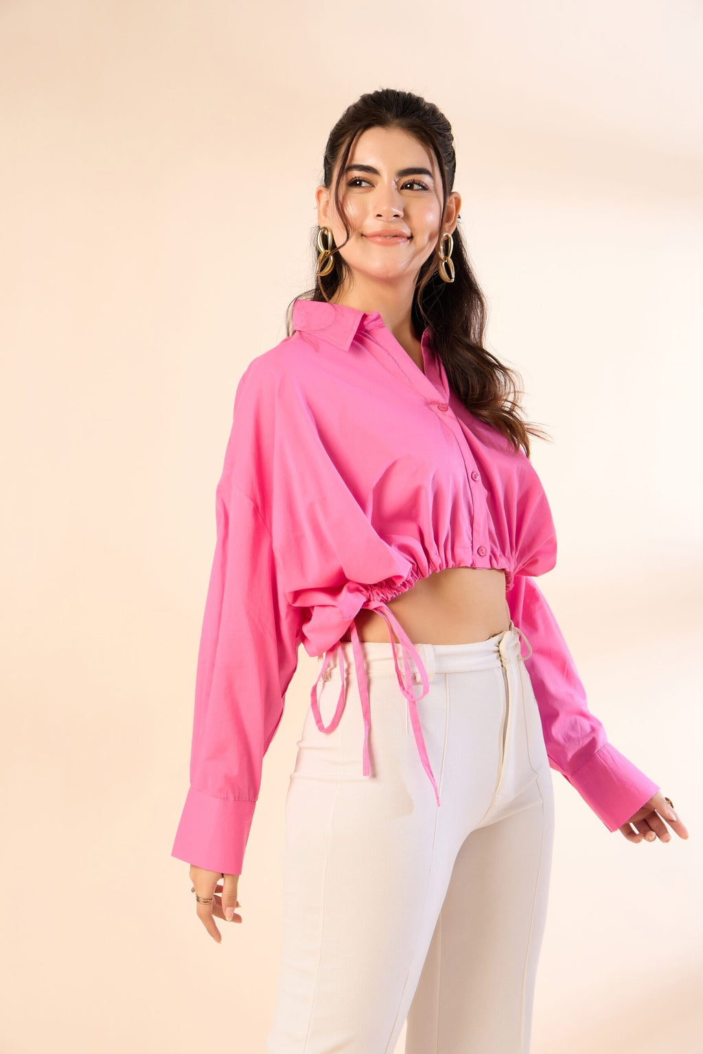 KIARABE Pink Cropped Button-Down Shirt with Drawstring Waist image 3