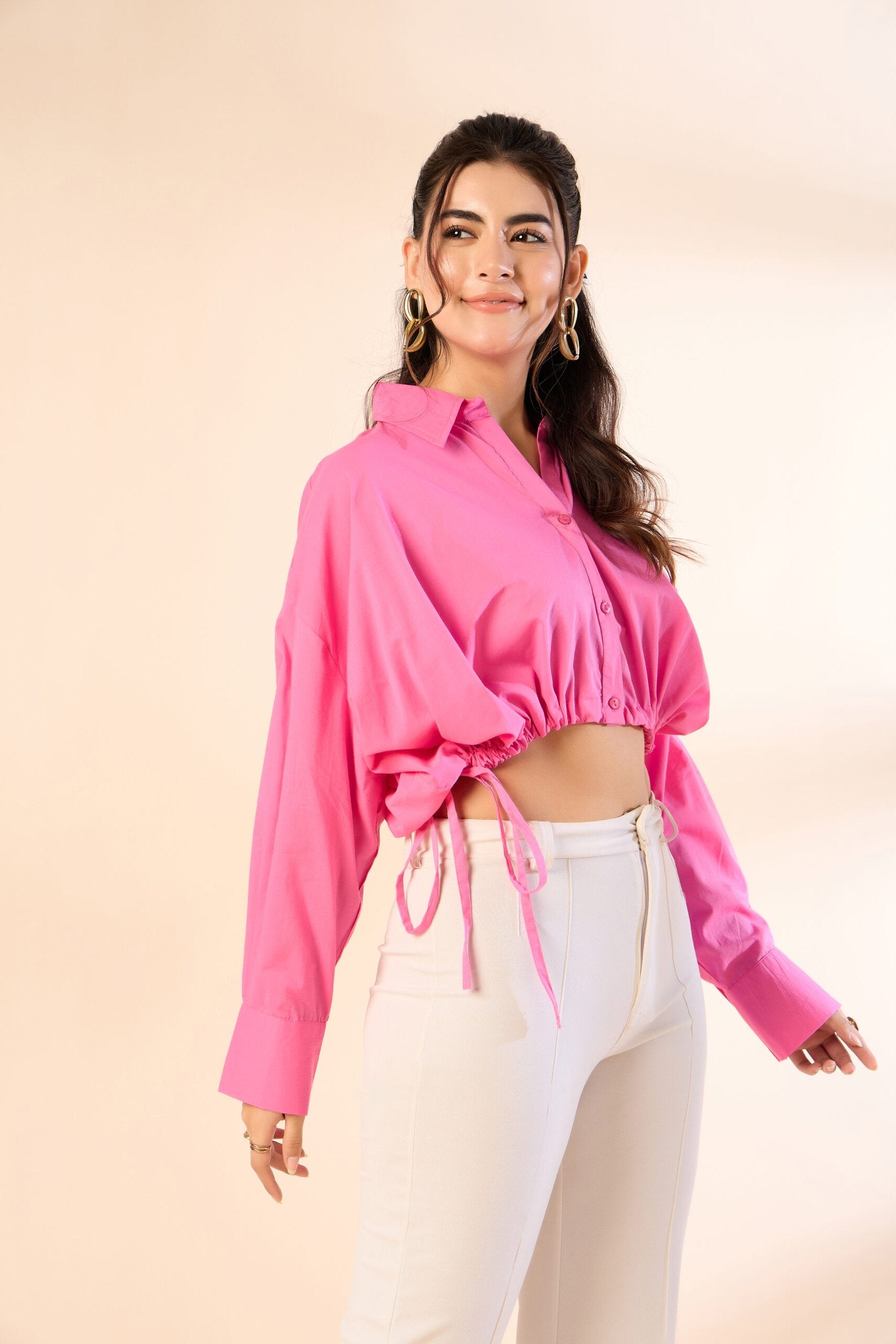 KIARABE Pink Cropped Button-Down Shirt with Drawstring Waist image 3