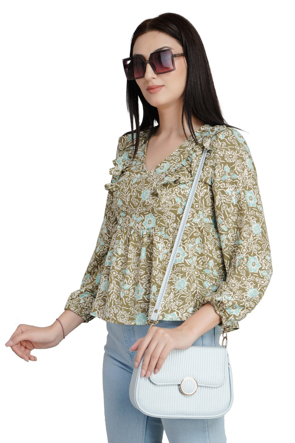 KIARABEL Flared Sleeve Printed Top Brown Floral image 3