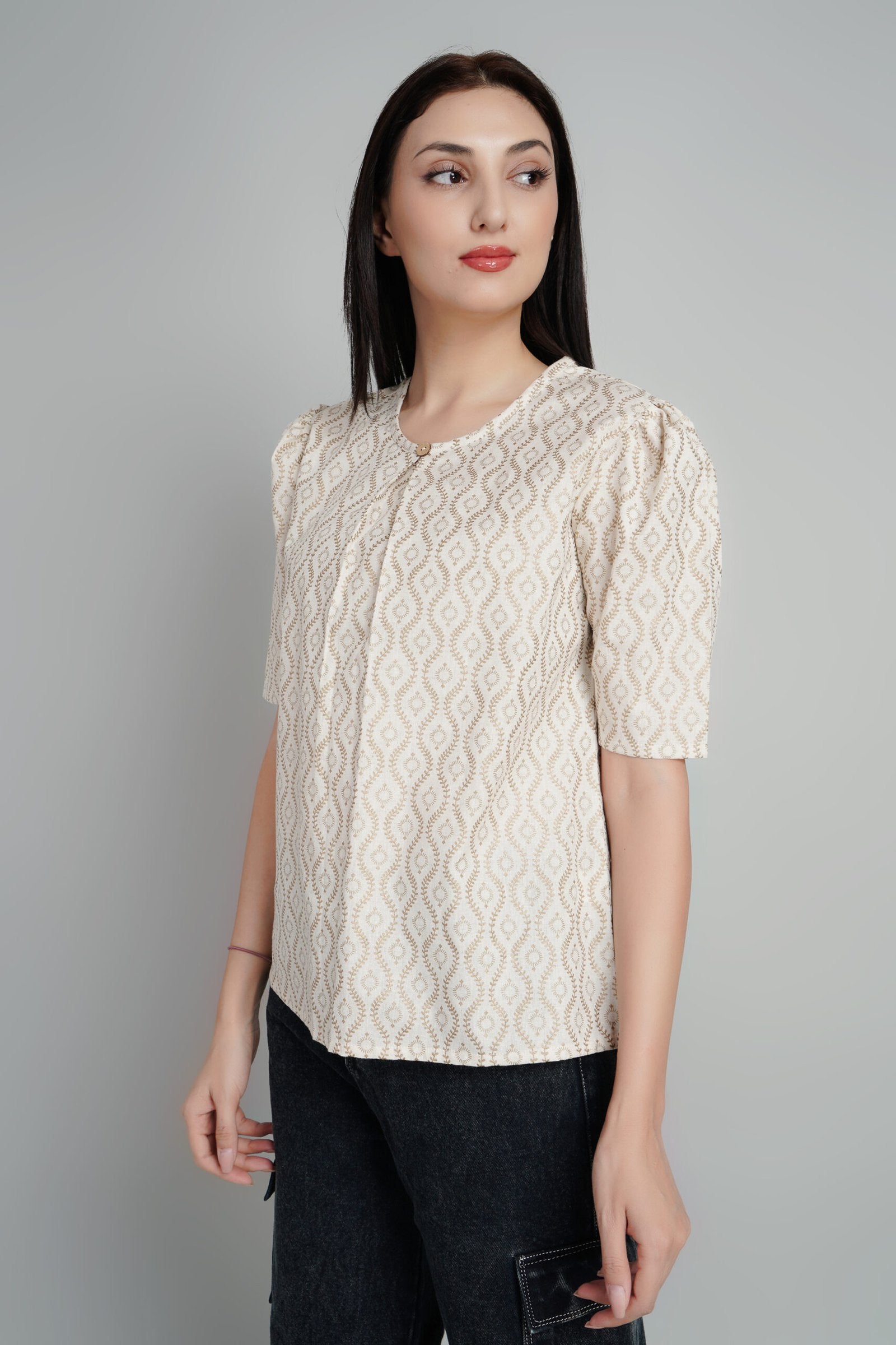 KIARABEL Stylish Cream & Brown Printed Top image 3