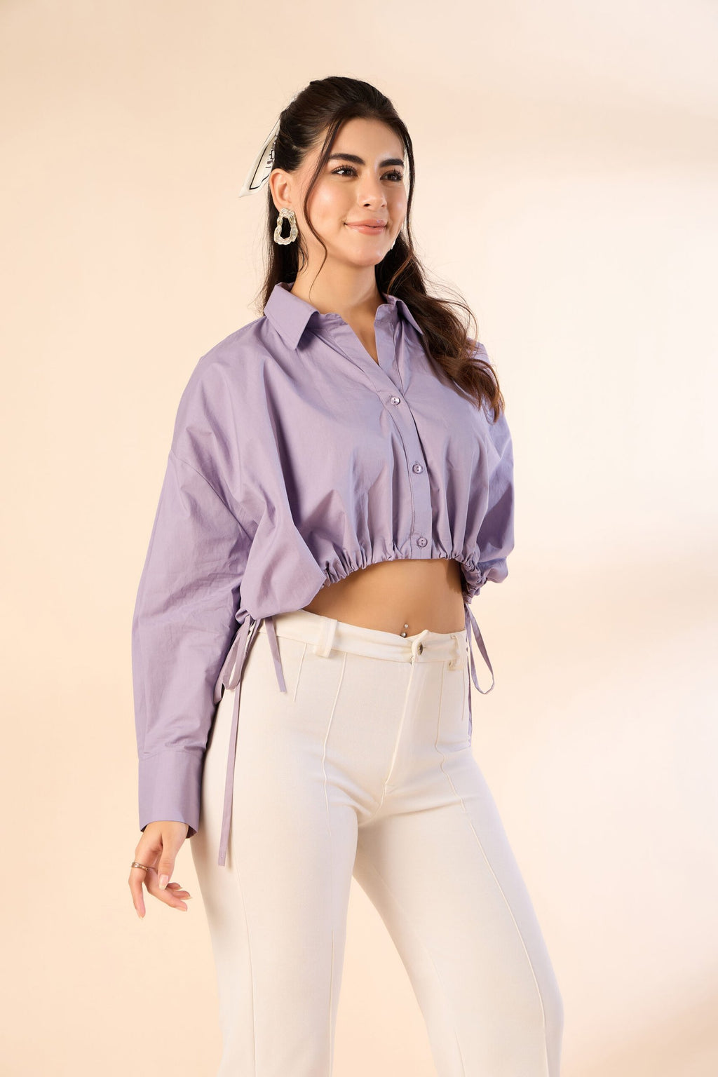 KIARABE Lavender Cropped Button-Down Shirt with Drawstring Waist image 3