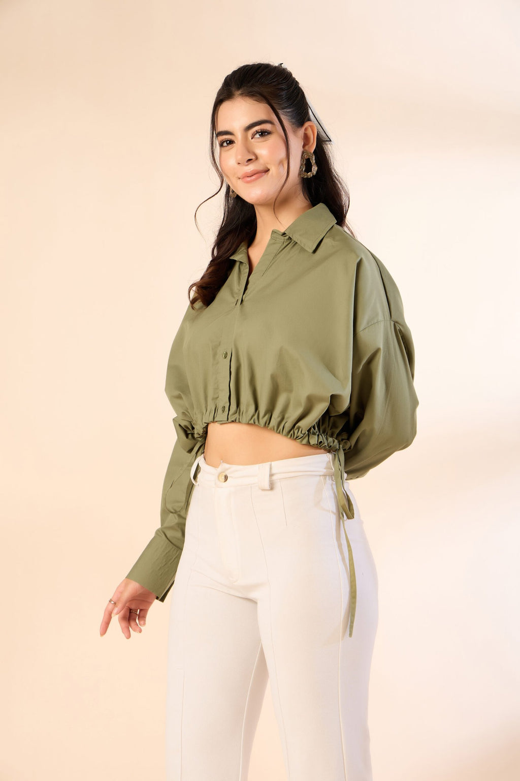KIARABE Olive Green Button-Down Shirt with Drawstring Waist image 2