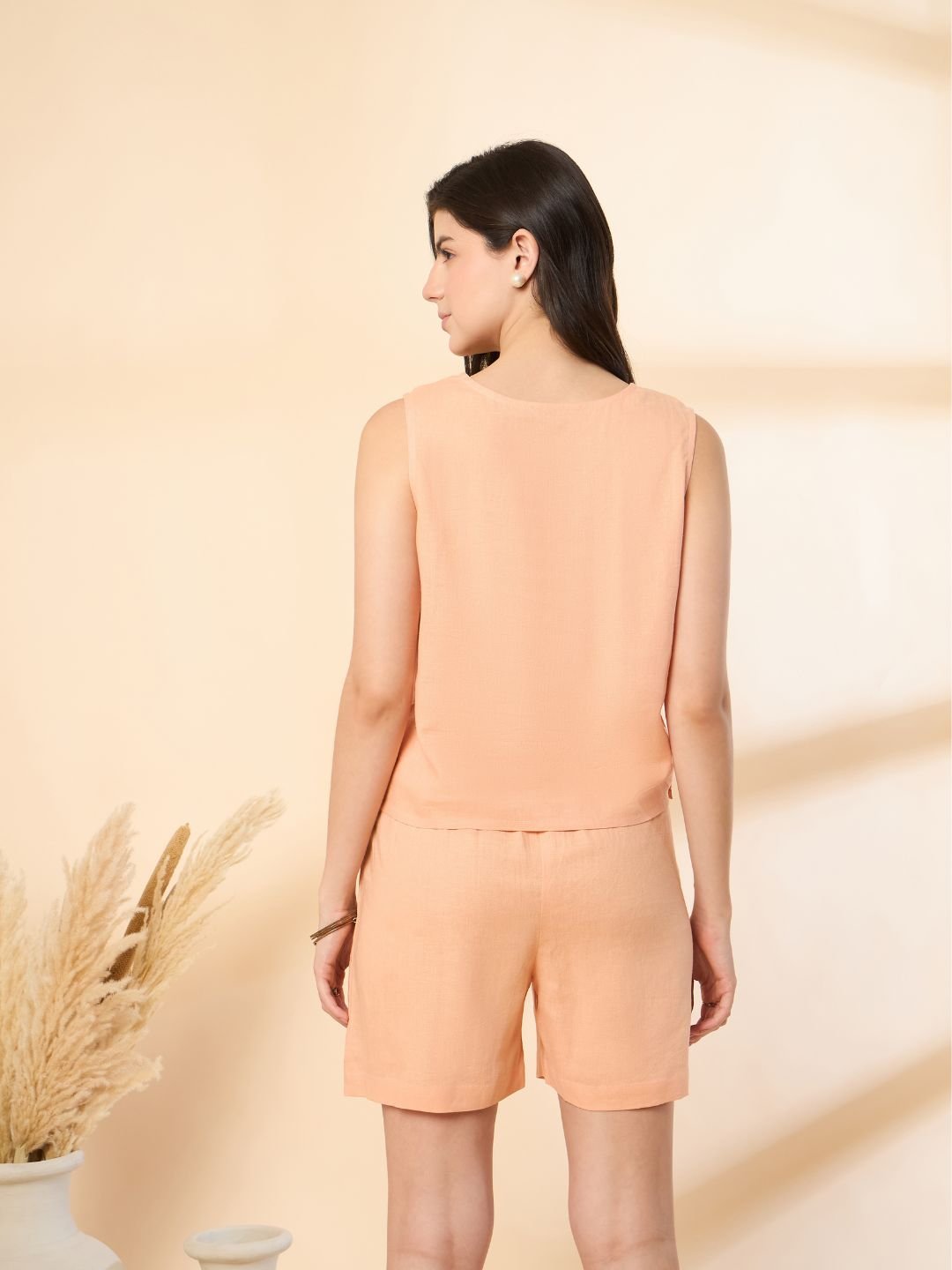 Peach Solid Linen Co-ord Set with Wooden Button Top & Stylish High-Waist Shorts image 1