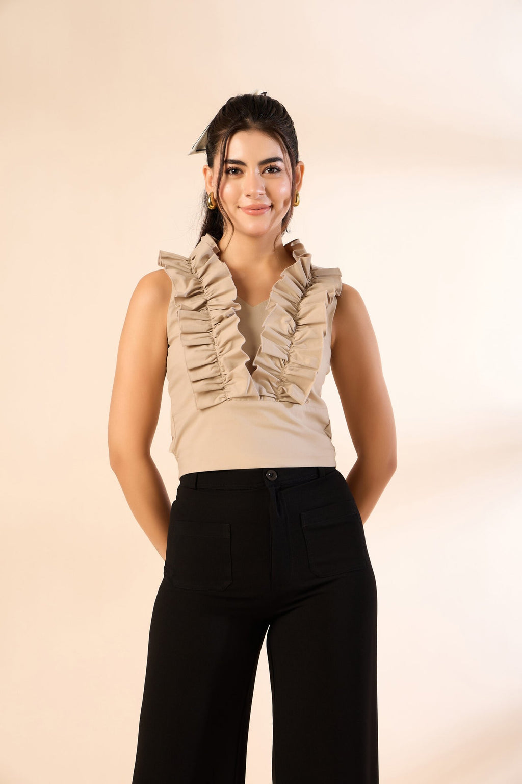 KIARABEL Ruffle Detail Sleeveless for Woman Top, Beige image 0