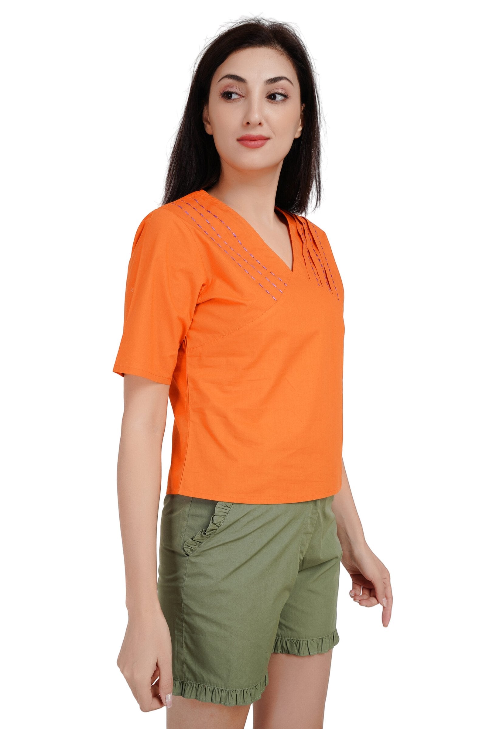 KIARABEL Solid Orange V Neck Top image 2