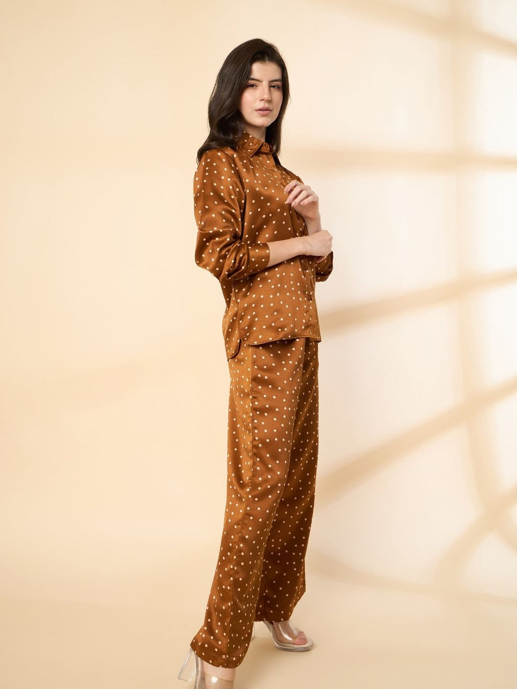 Brown Polka Print Co-ord Set with Stylish Shirt & Matching Trousers image 3