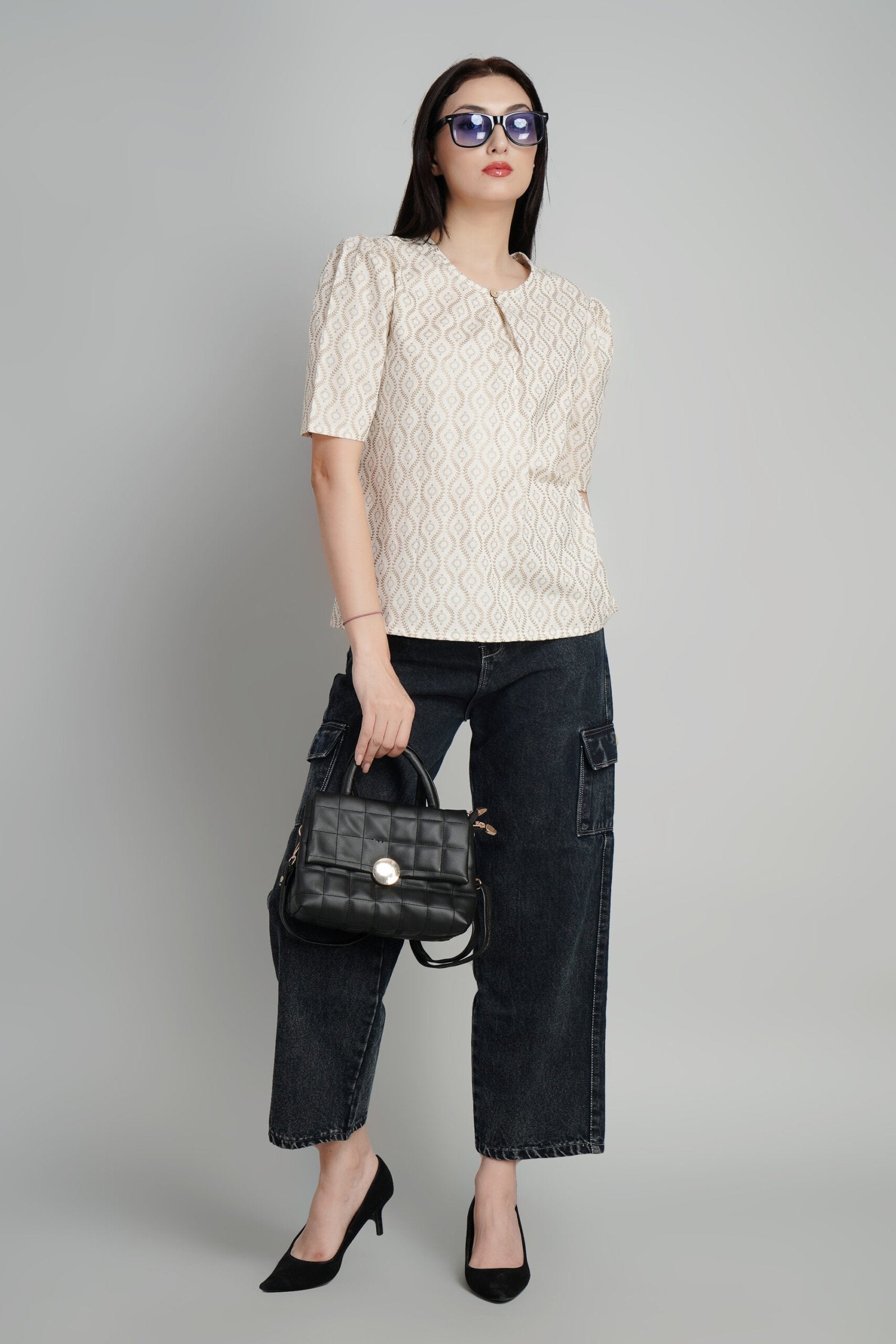 KIARABEL Stylish Cream & Brown Printed Top image 5