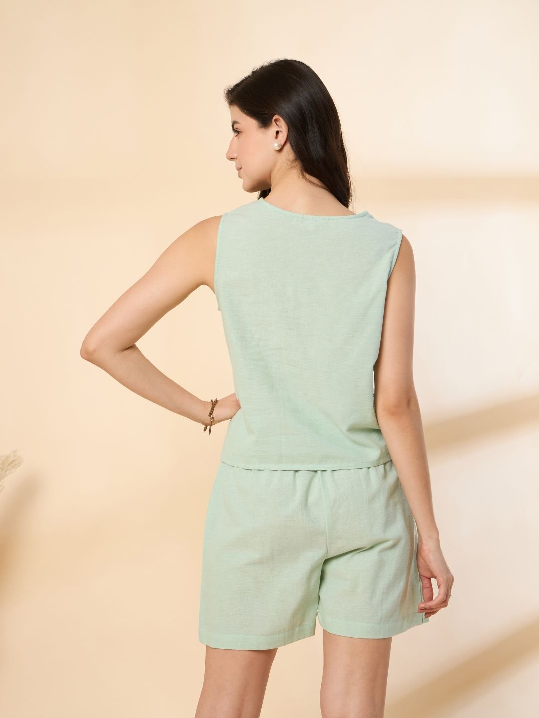 Light Green Solid Linen Co-ord Set with Wooden Button Top & Stylish High-Waist Shorts image 1
