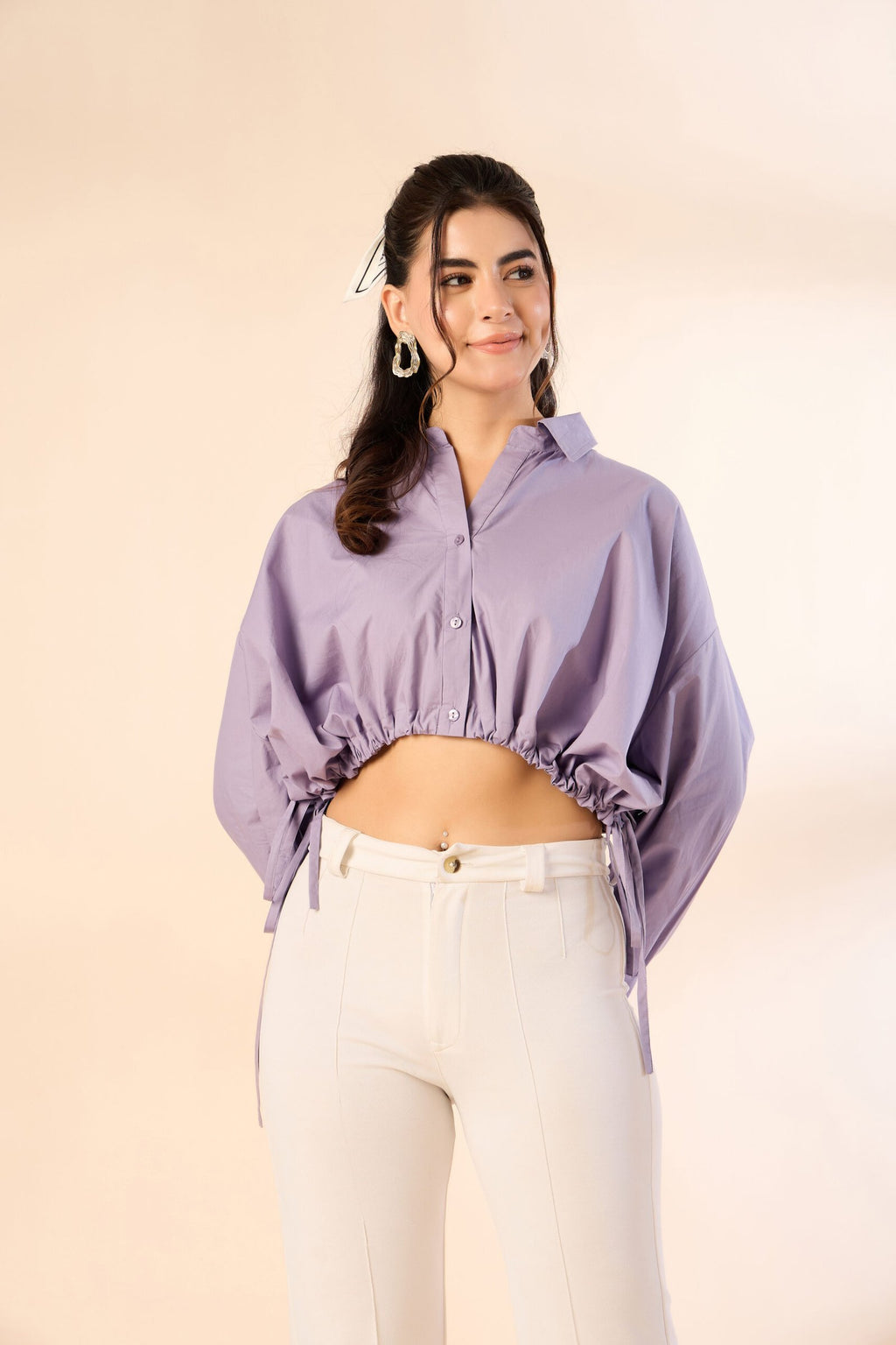 KIARABE Lavender Cropped Button-Down Shirt with Drawstring Waist - FREE image